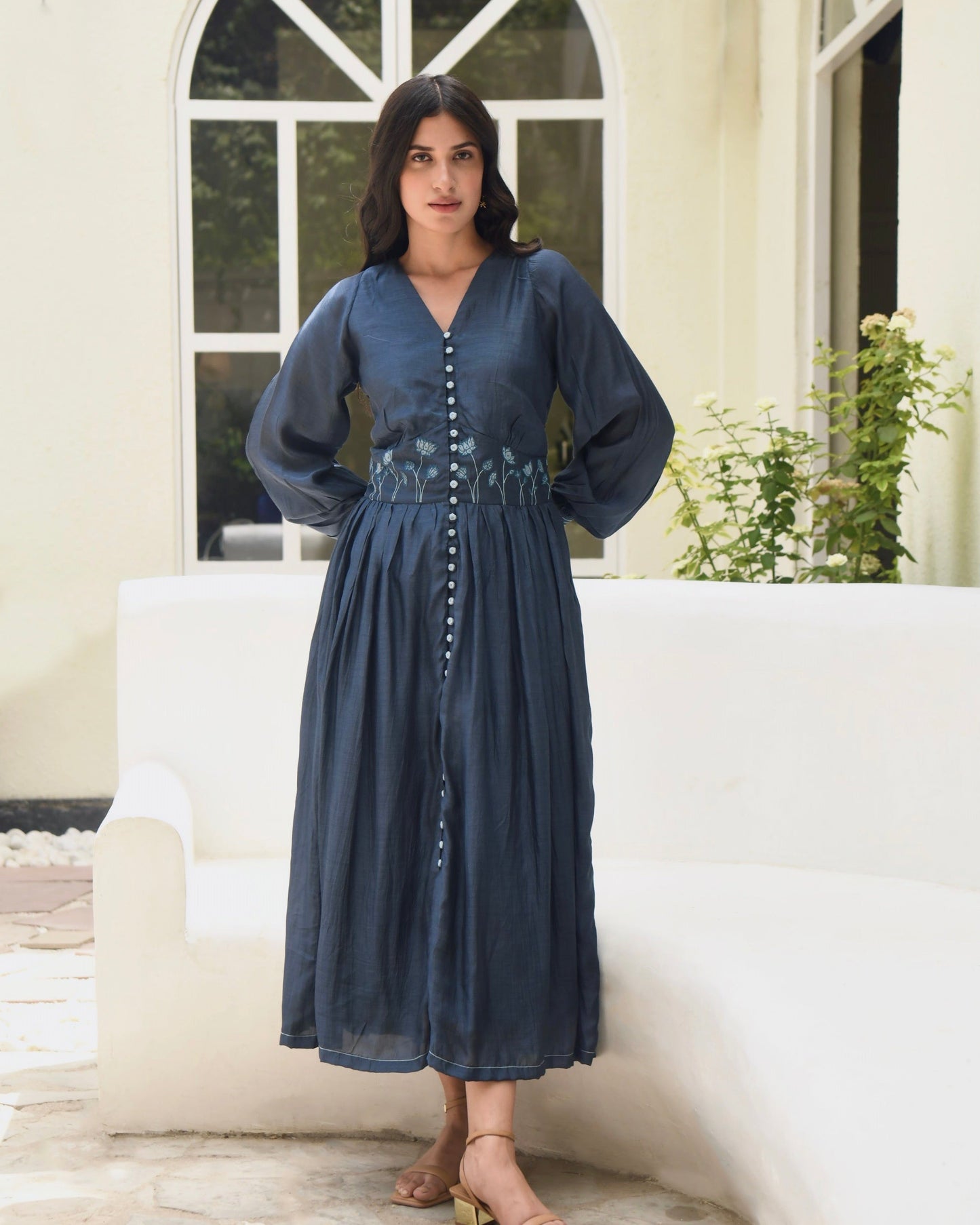 Blue Embroidered Silk Maxi Dress by Taro with Best Selling, Blue, Dusk To Dawn by Taro, Embroidered, Evening Wear, FB ADS JUNE, July Sale, July Sale 2023, Maxi Dresses, Modal silk, Natural, Regular Fit, Shirt Dresses, Silk, Womenswear at Kamakhyaa for sustainable fashion