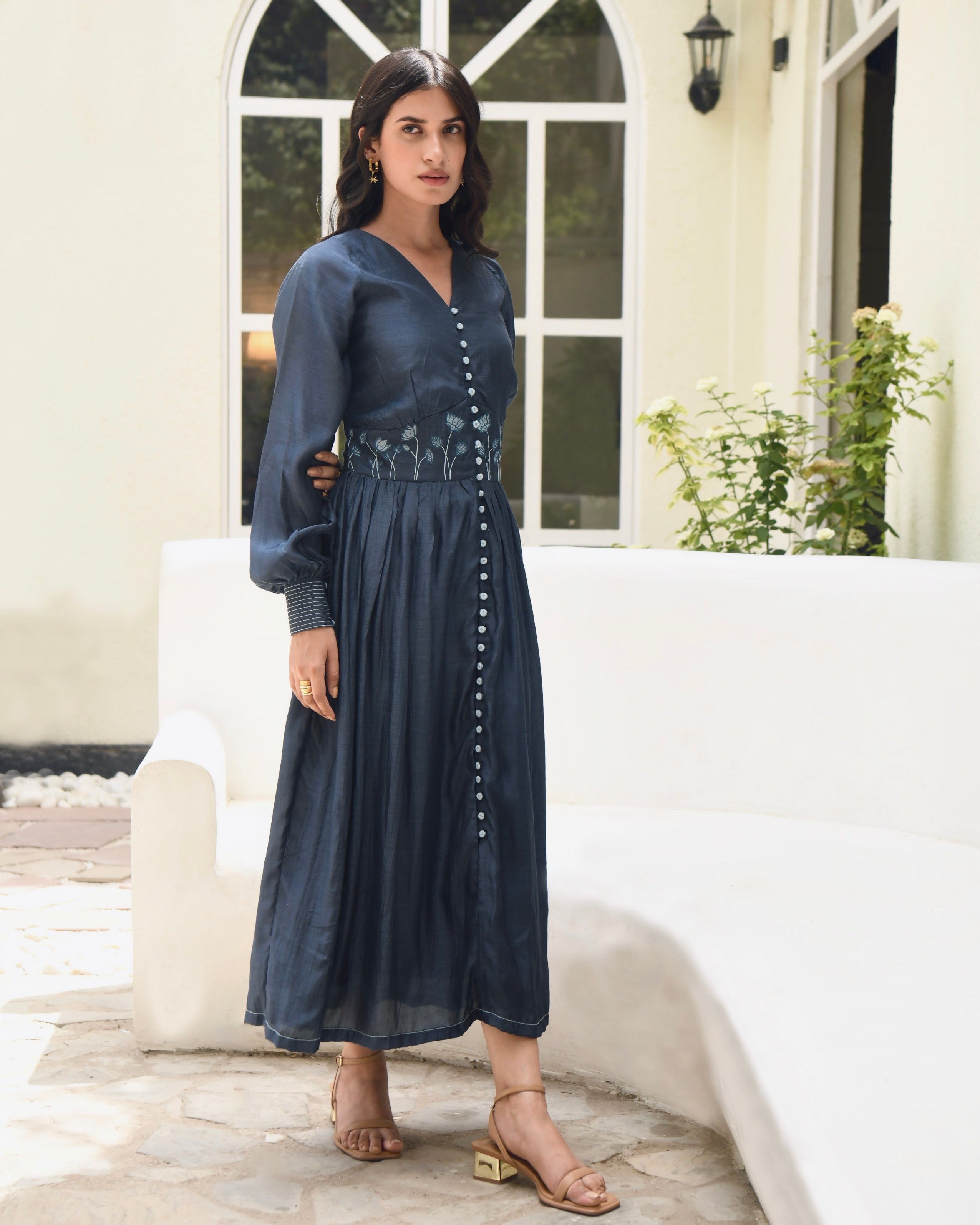 Blue Embroidered Silk Maxi Dress by Taro with Best Selling, Blue, Dusk To Dawn by Taro, Embroidered, Evening Wear, FB ADS JUNE, July Sale, July Sale 2023, Maxi Dresses, Modal silk, Natural, Regular Fit, Shirt Dresses, Silk, Womenswear at Kamakhyaa for sustainable fashion