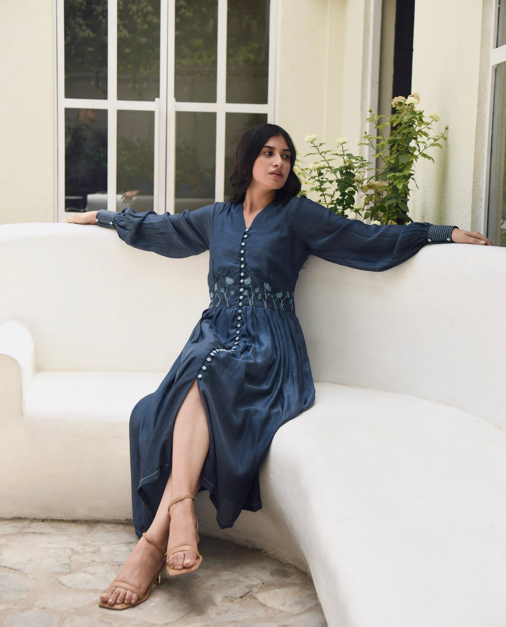 Blue Embroidered Silk Maxi Dress by Taro with Best Selling, Blue, Dusk To Dawn by Taro, Embroidered, Evening Wear, FB ADS JUNE, July Sale, July Sale 2023, Maxi Dresses, Modal silk, Natural, Regular Fit, Shirt Dresses, Silk, Womenswear at Kamakhyaa for sustainable fashion
