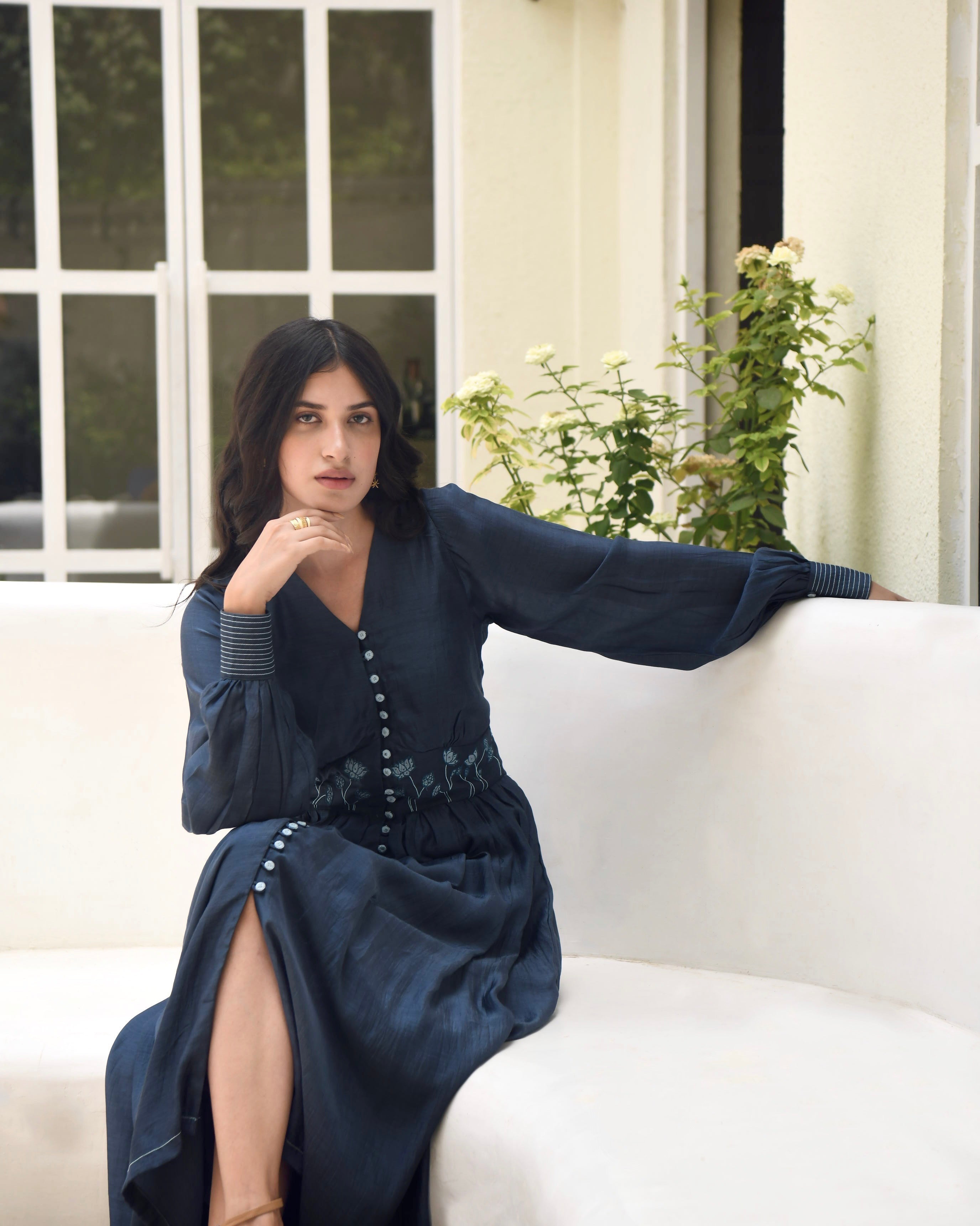 Blue Embroidered Silk Maxi Dress by Taro with Best Selling, Blue, Dusk To Dawn by Taro, Embroidered, Evening Wear, FB ADS JUNE, July Sale, July Sale 2023, Maxi Dresses, Modal silk, Natural, Regular Fit, Shirt Dresses, Silk, Womenswear at Kamakhyaa for sustainable fashion