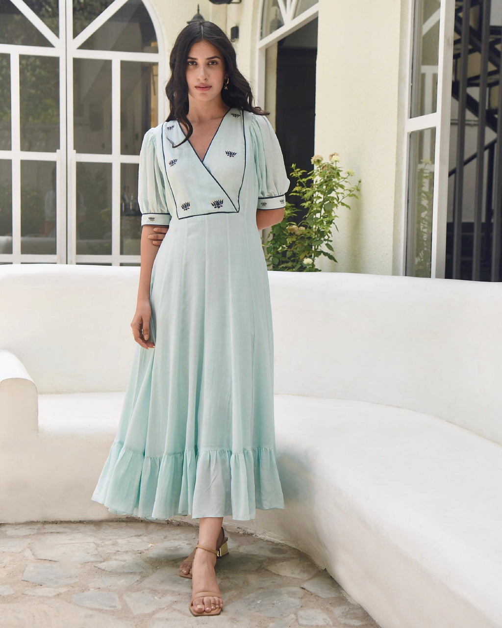 Blue Embroidered Silk Maxi Dress by Taro with Bangalore Silk, Blue, Dusk To Dawn by Taro, Embroidered, Evening Wear, For Daughter, July Sale, July Sale 2023, Maxi Dresses, Natural, Regular Fit, Silk, Solid Selfmade, Womenswear at Kamakhyaa for sustainable fashion