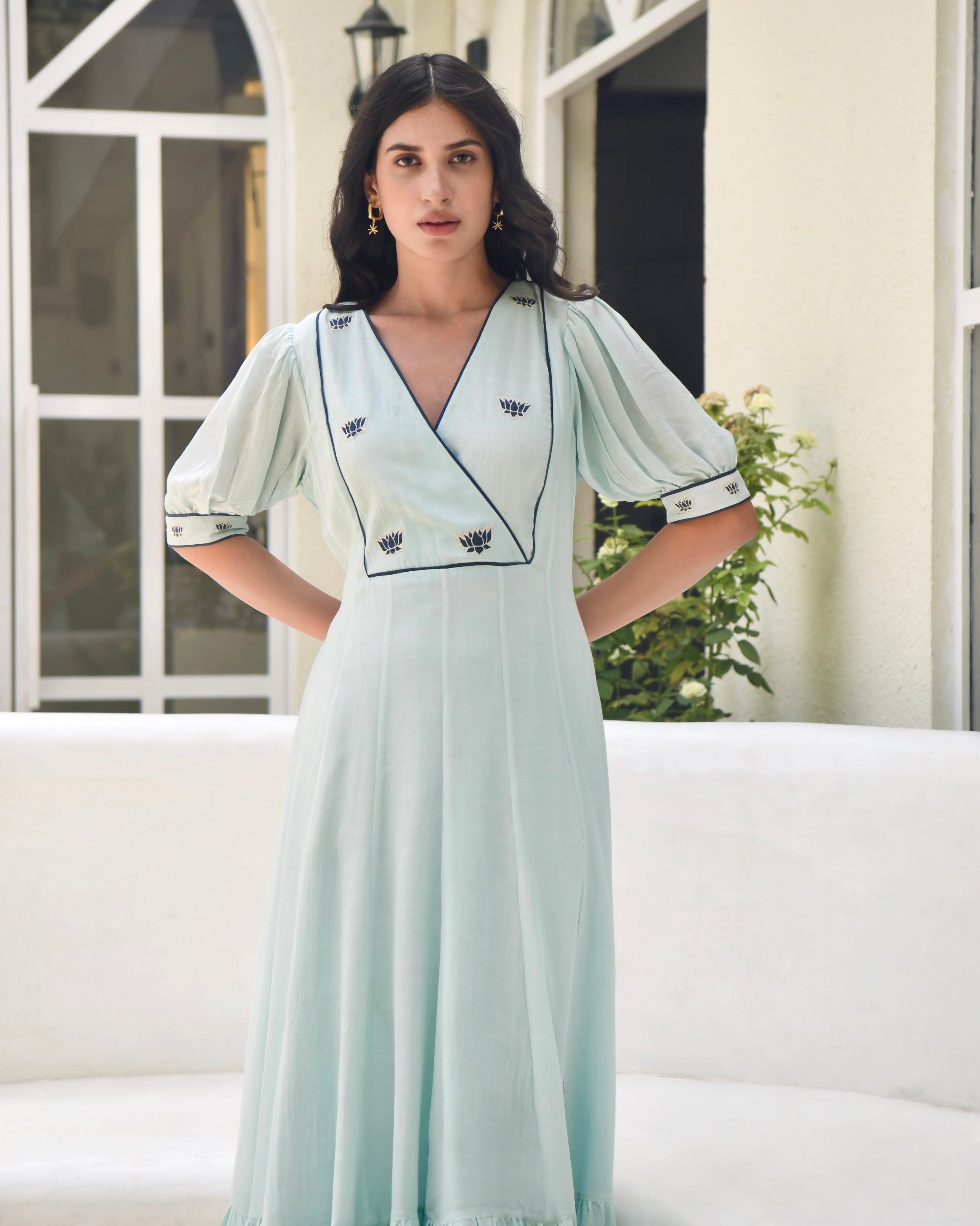 Blue Embroidered Silk Maxi Dress by Taro with Bangalore Silk, Blue, Dusk To Dawn by Taro, Embroidered, Evening Wear, For Daughter, July Sale, July Sale 2023, Maxi Dresses, Natural, Regular Fit, Silk, Solid Selfmade, Womenswear at Kamakhyaa for sustainable fashion