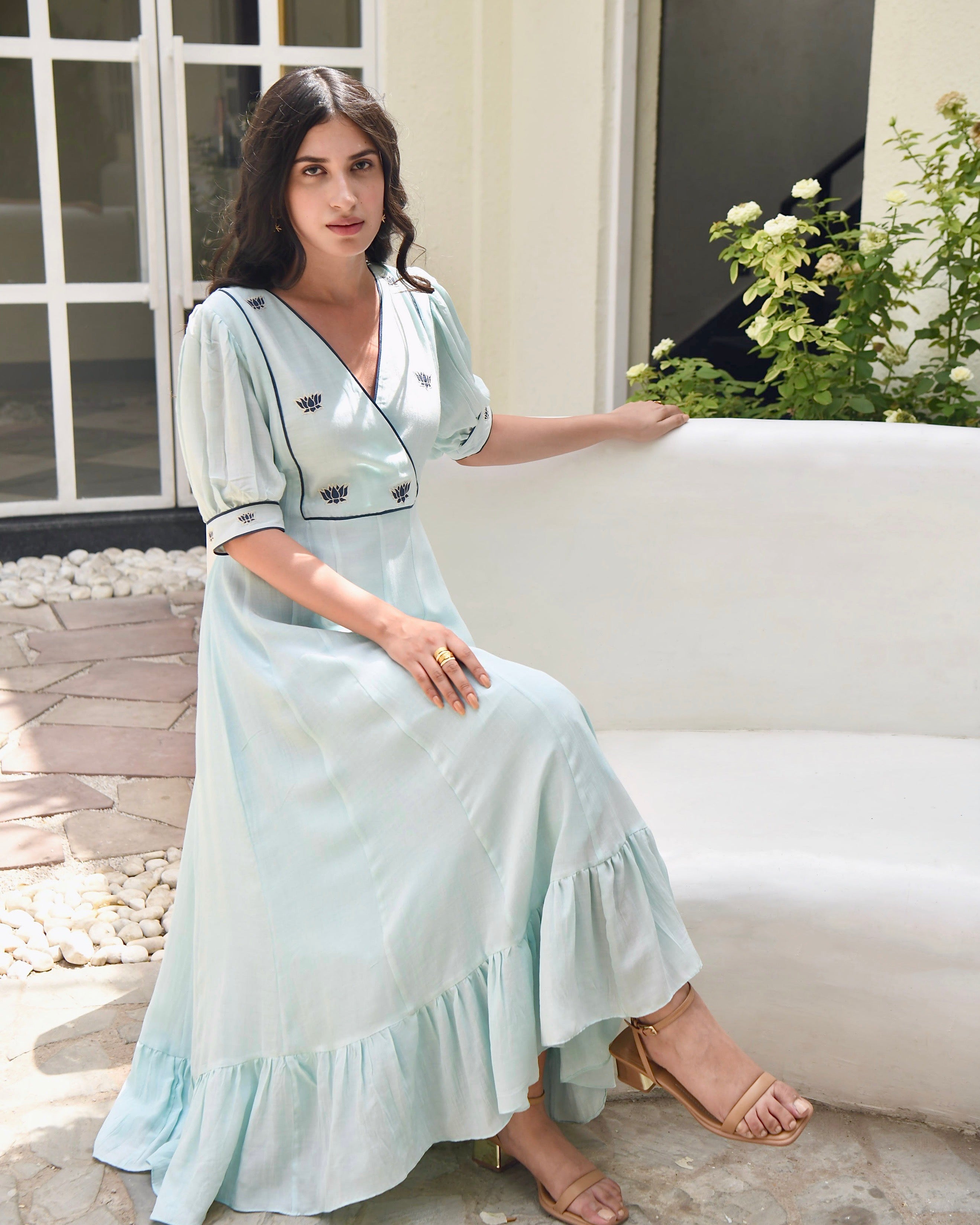 Blue Embroidered Silk Maxi Dress by Taro with Bangalore Silk, Blue, Dusk To Dawn by Taro, Embroidered, Evening Wear, For Daughter, July Sale, July Sale 2023, Maxi Dresses, Natural, Regular Fit, Silk, Solid Selfmade, Womenswear at Kamakhyaa for sustainable fashion