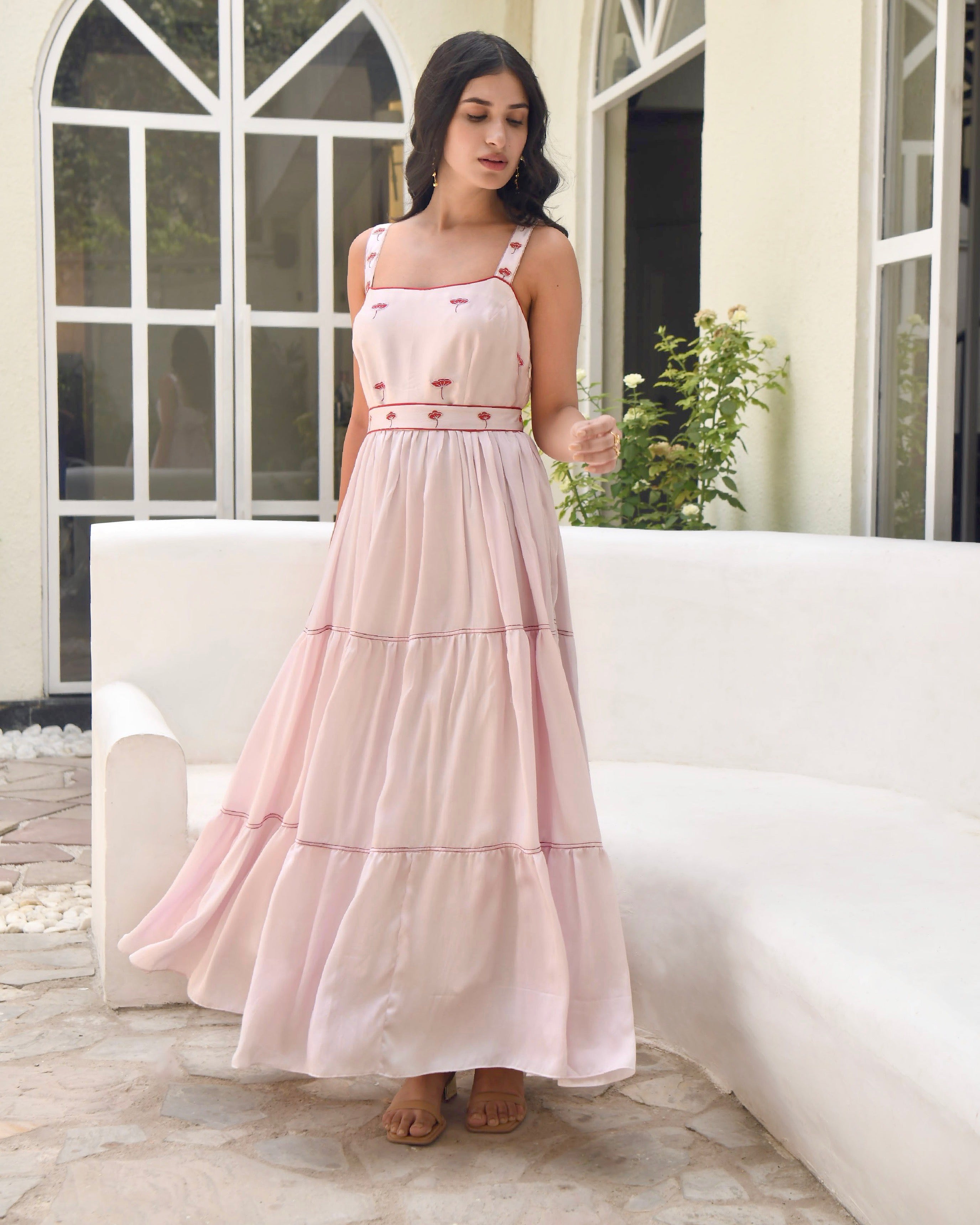 Pink Sleeveless Satin Tiered Dress by Taro with Dusk To Dawn by Taro, Evening Wear, July Sale, July Sale 2023, Modal Satin, Natural, Pink, Regular Fit, Silk, Sleeveless Dresses, Tiered Dresses, Womenswear at Kamakhyaa for sustainable fashion