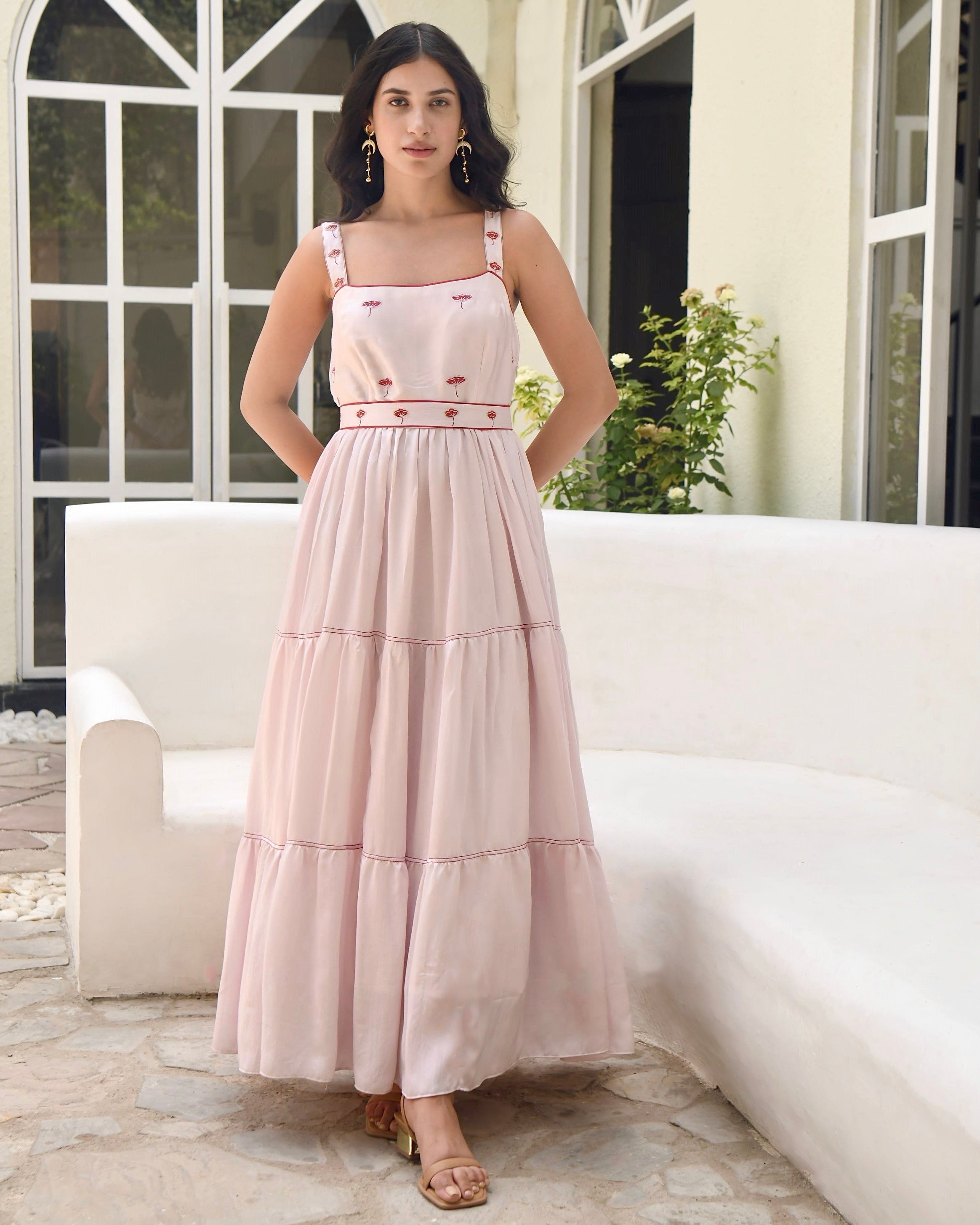 Pink Sleeveless Satin Tiered Dress by Taro with Dusk To Dawn by Taro, Evening Wear, July Sale, July Sale 2023, Modal Satin, Natural, Pink, Regular Fit, Silk, Sleeveless Dresses, Tiered Dresses, Womenswear at Kamakhyaa for sustainable fashion
