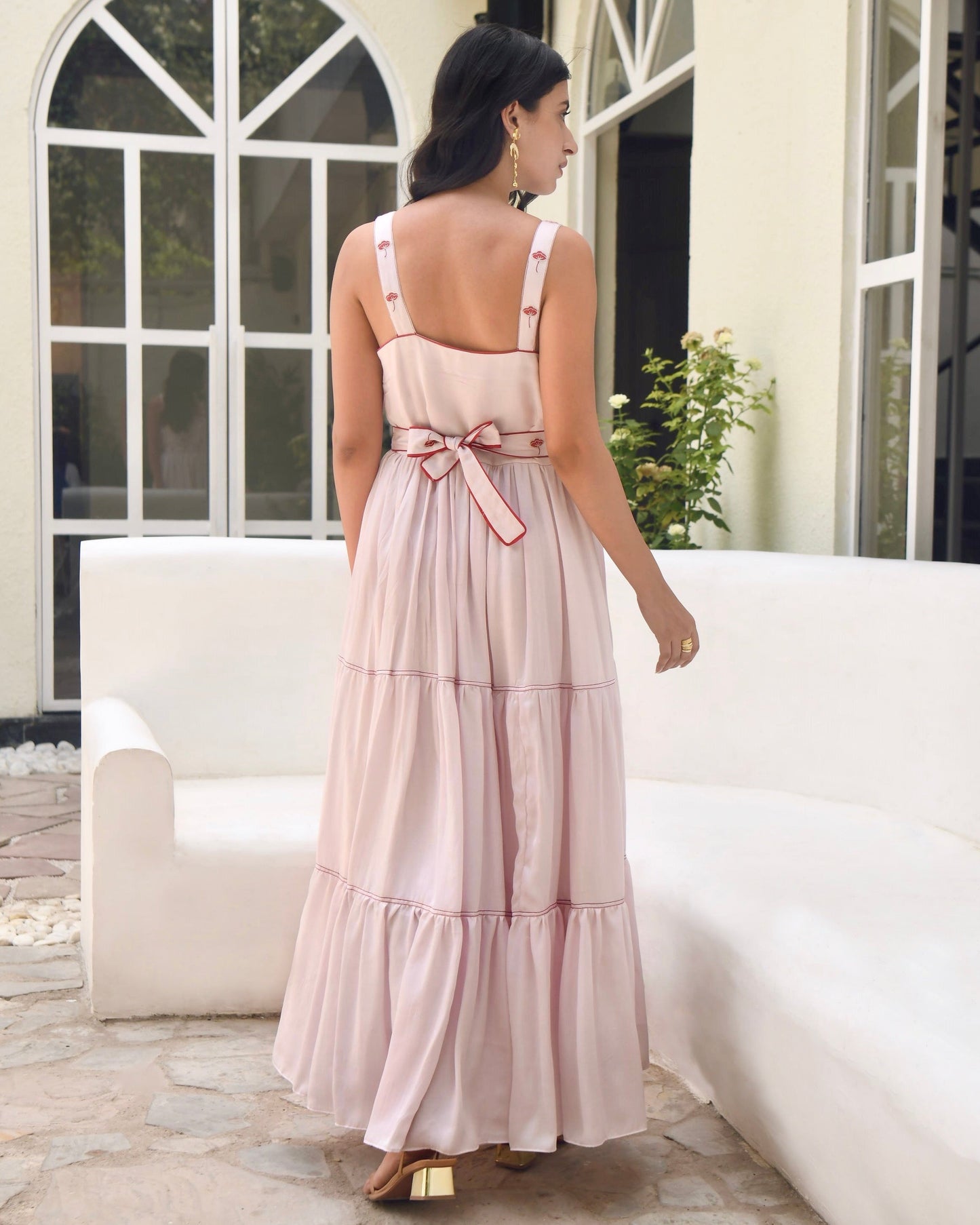 Pink Sleeveless Satin Tiered Dress by Taro with Dusk To Dawn by Taro, Evening Wear, July Sale, July Sale 2023, Modal Satin, Natural, Pink, Regular Fit, Silk, Sleeveless Dresses, Tiered Dresses, Womenswear at Kamakhyaa for sustainable fashion