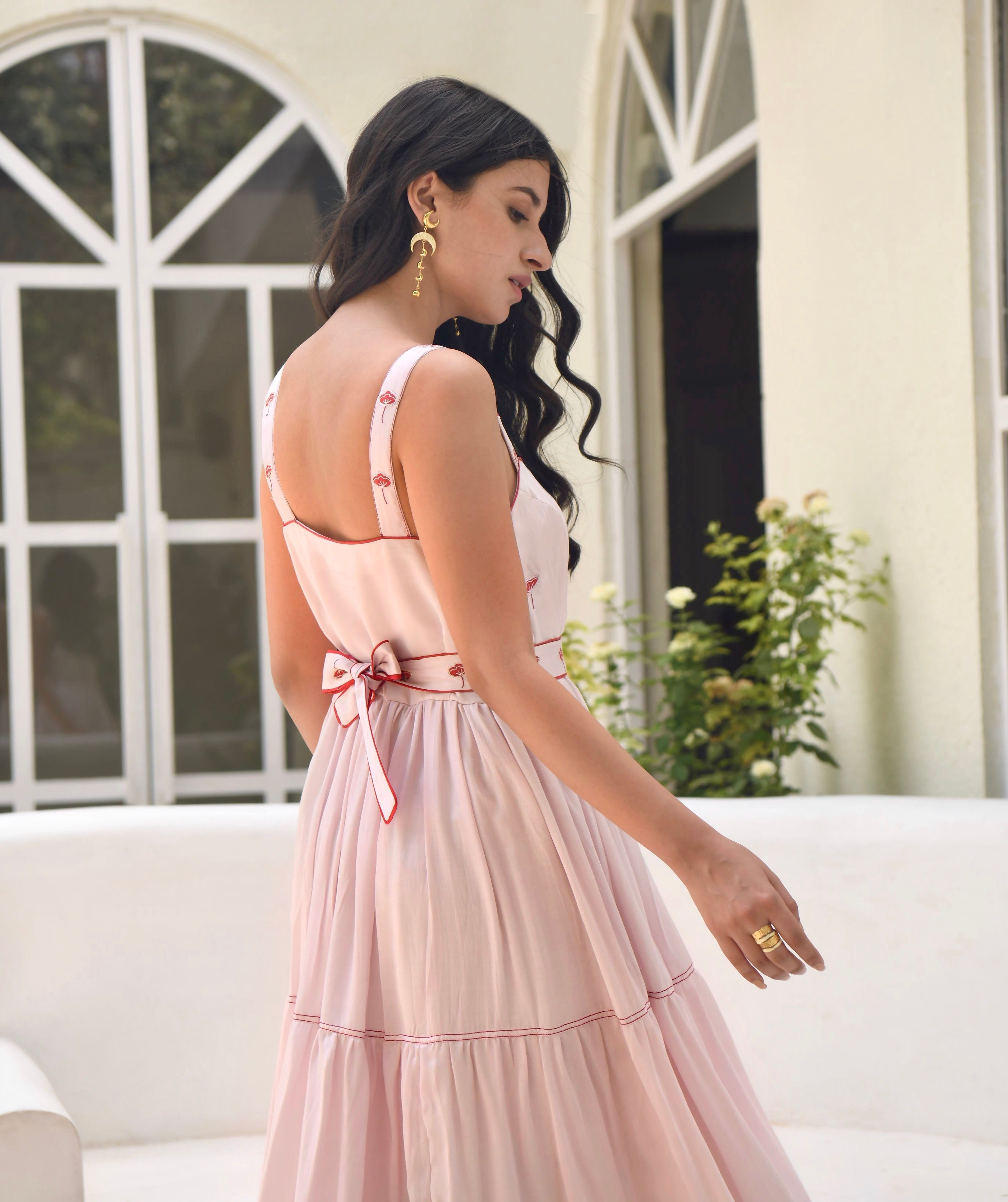 Pink Sleeveless Satin Tiered Dress by Taro with Dusk To Dawn by Taro, Evening Wear, July Sale, July Sale 2023, Modal Satin, Natural, Pink, Regular Fit, Silk, Sleeveless Dresses, Tiered Dresses, Womenswear at Kamakhyaa for sustainable fashion