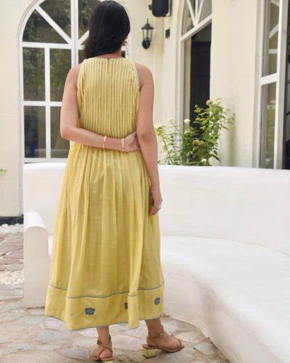 Yellow Embroidered Silk Maxi Dress by Taro with Bangalore Silk, Best Selling, Dusk To Dawn by Taro, Embroidered, Evening Wear, FB ADS JUNE, Halter Neck Dresses, July Sale, July Sale 2023, Maxi Dresses, Natural, Regular Fit, Silk, Womenswear, Yellow at Kamakhyaa for sustainable fashion