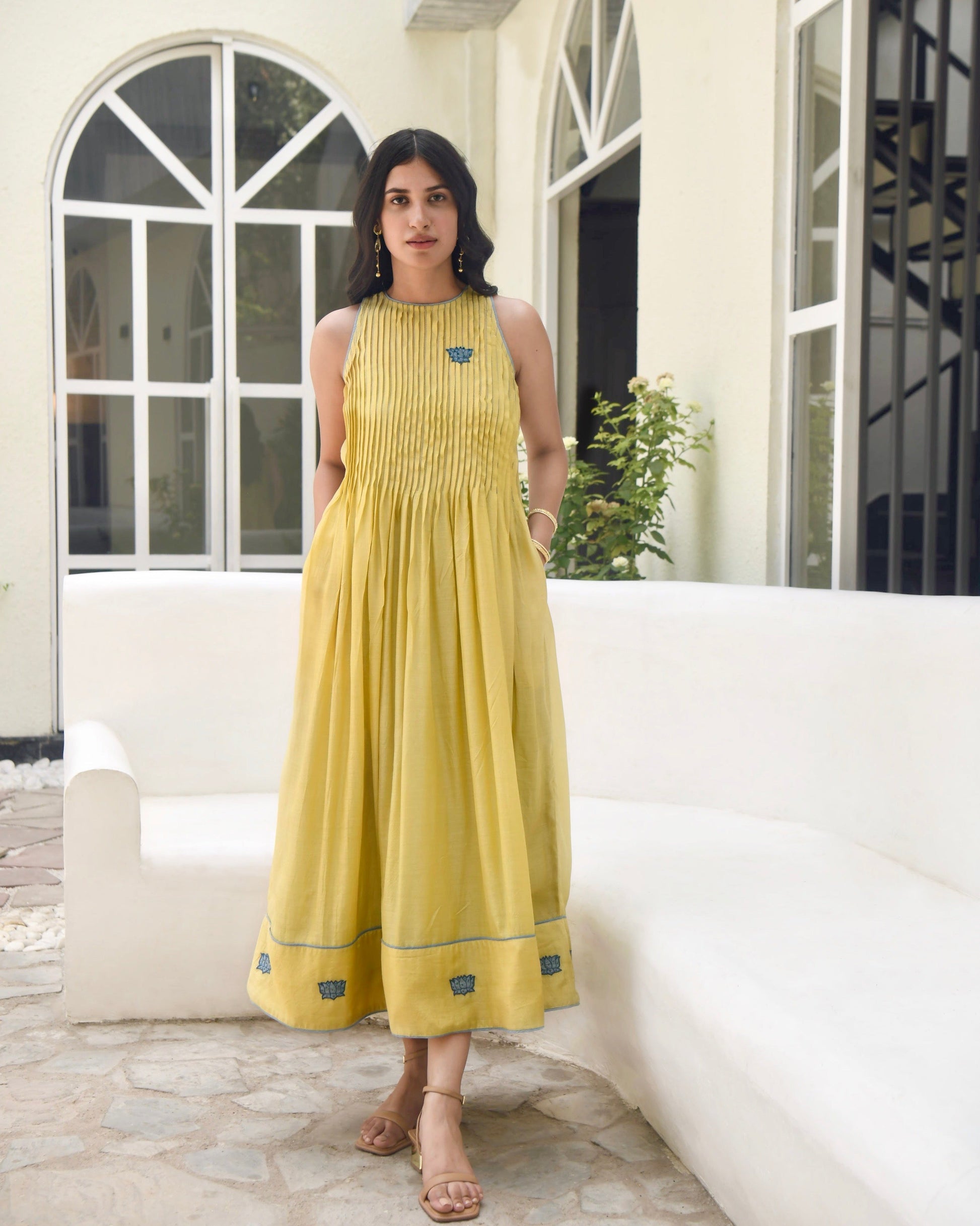 Yellow Embroidered Silk Midi Dress Dresses Bangalore Dusk To Dawn, Dresses, Natural, Regular Fit, Silk, Taro Kamakhyaa