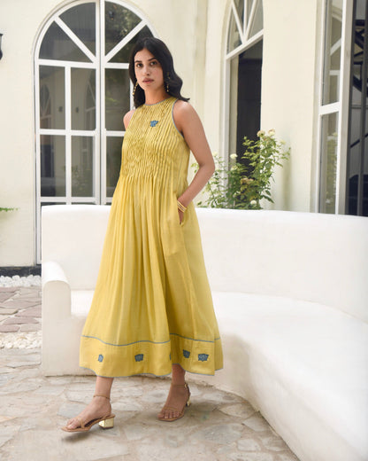 Yellow Embroidered Silk Maxi Dress by Taro with Bangalore Silk, Best Selling, Dusk To Dawn by Taro, Embroidered, Evening Wear, FB ADS JUNE, Halter Neck Dresses, July Sale, July Sale 2023, Maxi Dresses, Natural, Regular Fit, Silk, Womenswear, Yellow at Kamakhyaa for sustainable fashion