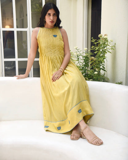 Yellow Embroidered Silk Maxi Dress by Taro with Bangalore Silk, Best Selling, Dusk To Dawn by Taro, Embroidered, Evening Wear, FB ADS JUNE, Halter Neck Dresses, July Sale, July Sale 2023, Maxi Dresses, Natural, Regular Fit, Silk, Womenswear, Yellow at Kamakhyaa for sustainable fashion