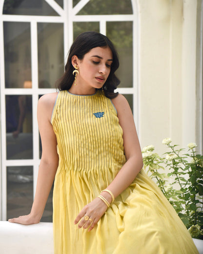 Yellow Embroidered Silk Maxi Dress by Taro with Bangalore Silk, Best Selling, Dusk To Dawn by Taro, Embroidered, Evening Wear, FB ADS JUNE, Halter Neck Dresses, July Sale, July Sale 2023, Maxi Dresses, Natural, Regular Fit, Silk, Womenswear, Yellow at Kamakhyaa for sustainable fashion