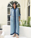 Blue SIlk Embroidered Kaftan by Taro with Blue, Dusk To Dawn by Taro, Evening Wear, July Sale, July Sale 2023, Kaftans, Maxi Dresses, Modal silk, Natural, Regular Fit, Silk, Womenswear at Kamakhyaa for sustainable fashion