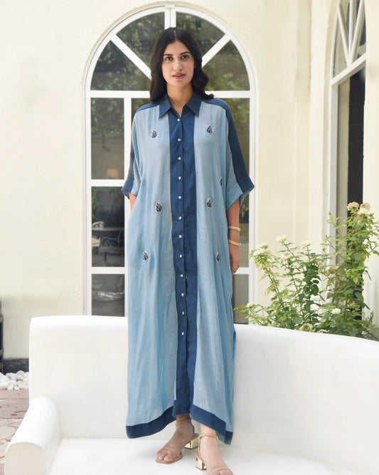 Blue SIlk Embroidered Kaftan by Taro with Blue, Dusk To Dawn by Taro, Evening Wear, July Sale, July Sale 2023, Kaftans, Maxi Dresses, Modal silk, Natural, Regular Fit, Silk, Womenswear at Kamakhyaa for sustainable fashion