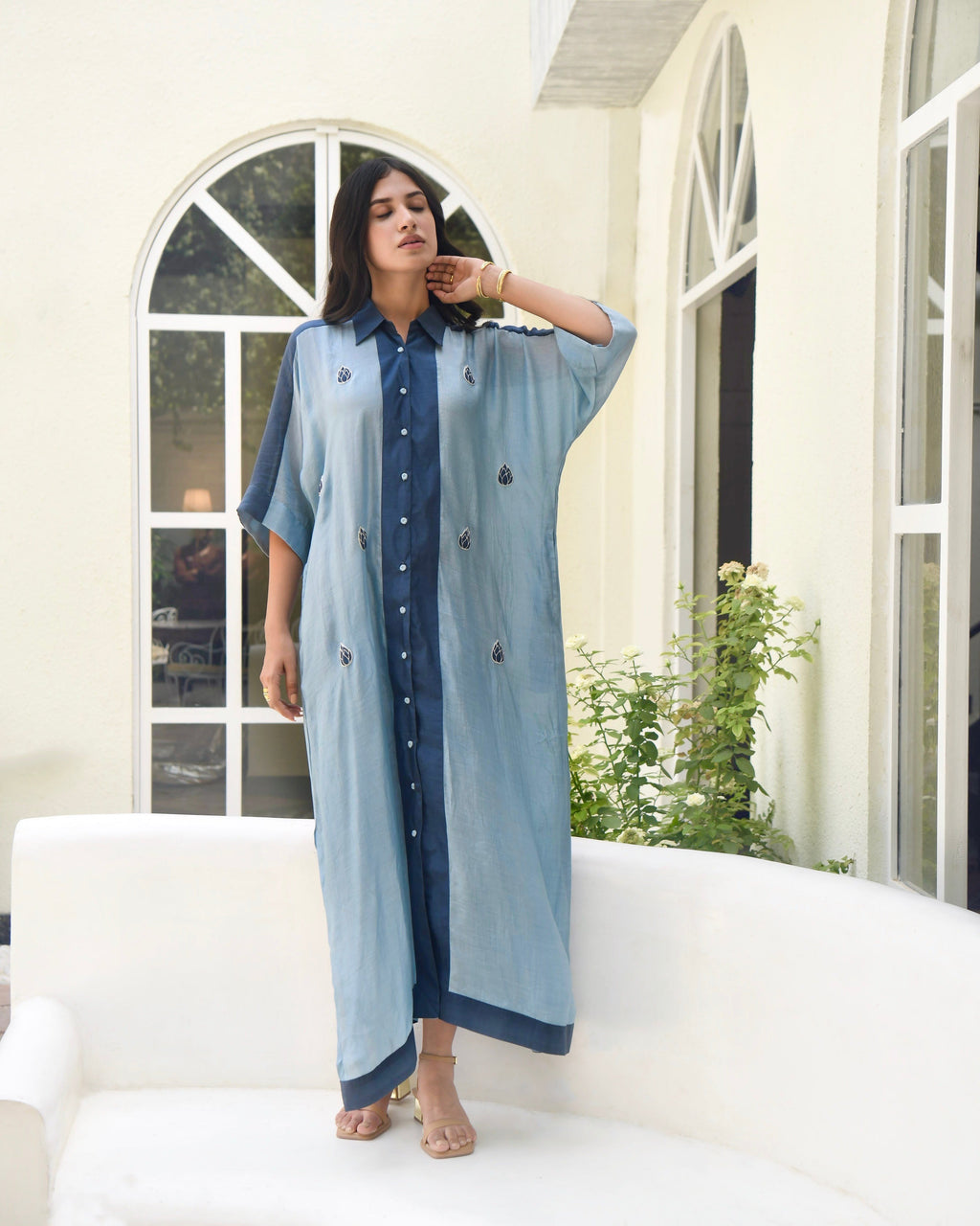 Blue SIlk Embroidered Kaftan by Taro with Blue, Dusk To Dawn by Taro, Evening Wear, July Sale, July Sale 2023, Kaftans, Maxi Dresses, Modal silk, Natural, Regular Fit, Silk, Womenswear at Kamakhyaa for sustainable fashion