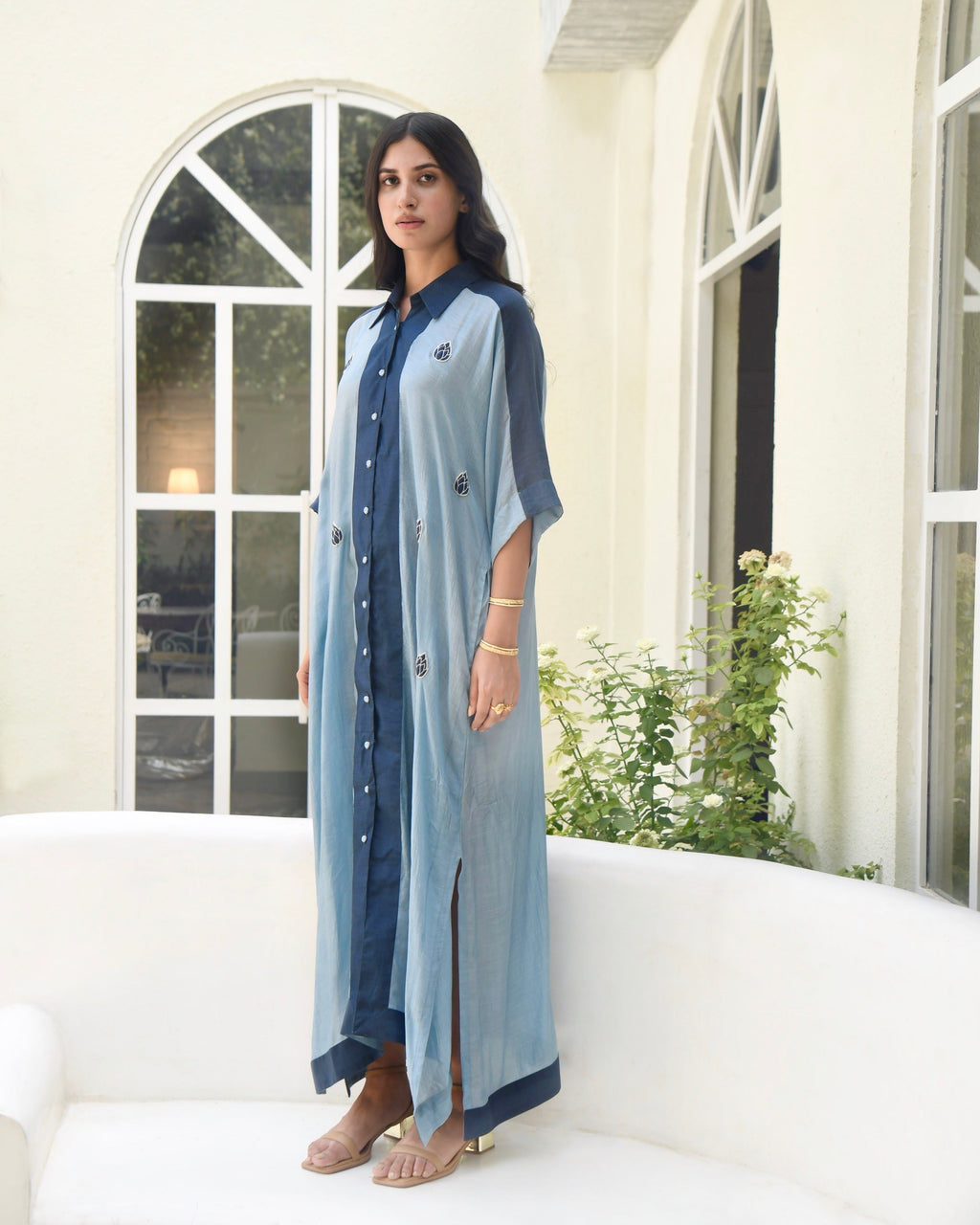 Blue SIlk Embroidered Kaftan by Taro with Blue, Dusk To Dawn by Taro, Evening Wear, July Sale, July Sale 2023, Kaftans, Maxi Dresses, Modal silk, Natural, Regular Fit, Silk, Womenswear at Kamakhyaa for sustainable fashion
