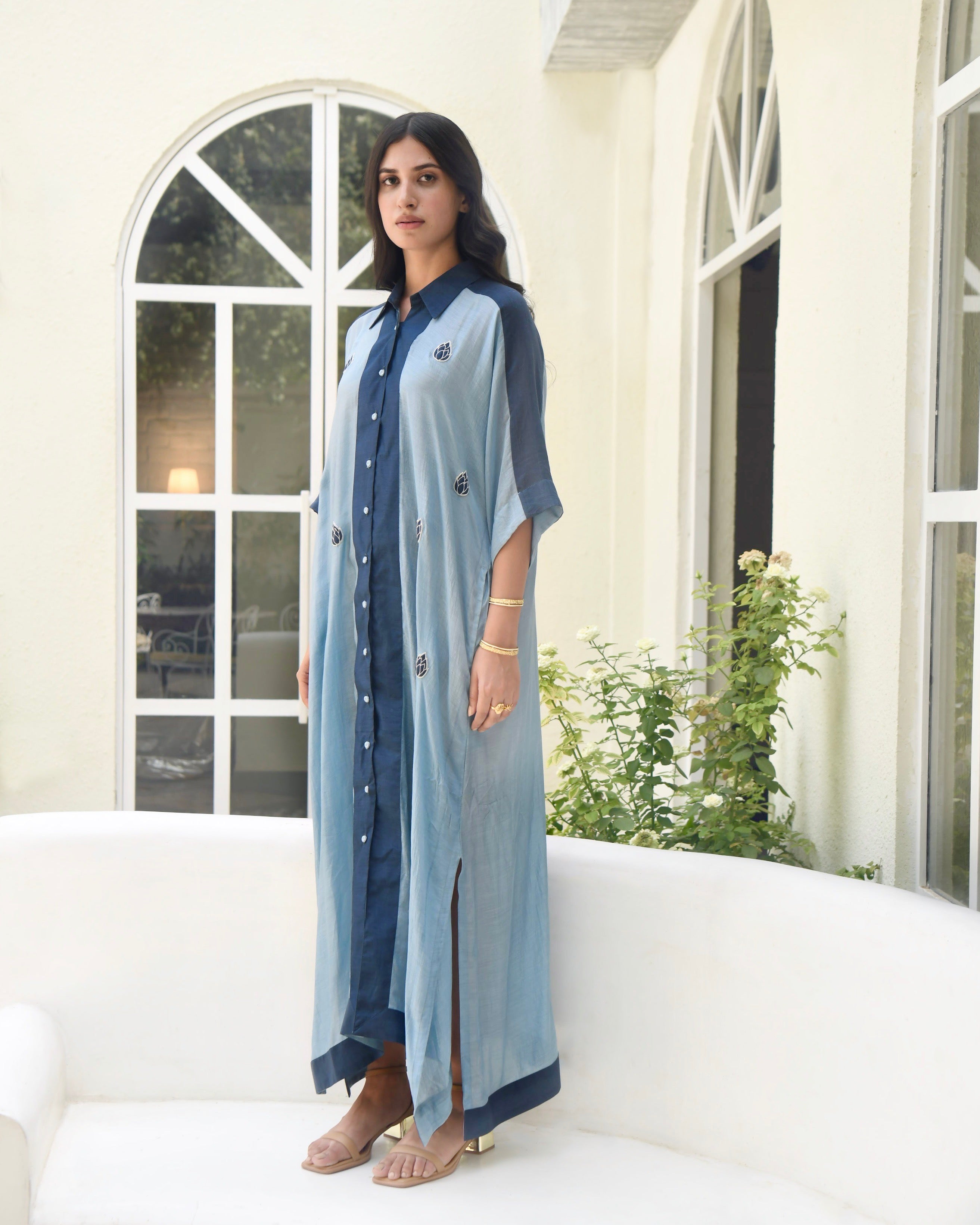 Blue SIlk Embroidered Kaftan by Taro with Blue, Dusk To Dawn by Taro, Evening Wear, July Sale, July Sale 2023, Kaftans, Maxi Dresses, Modal silk, Natural, Regular Fit, Silk, Womenswear at Kamakhyaa for sustainable fashion