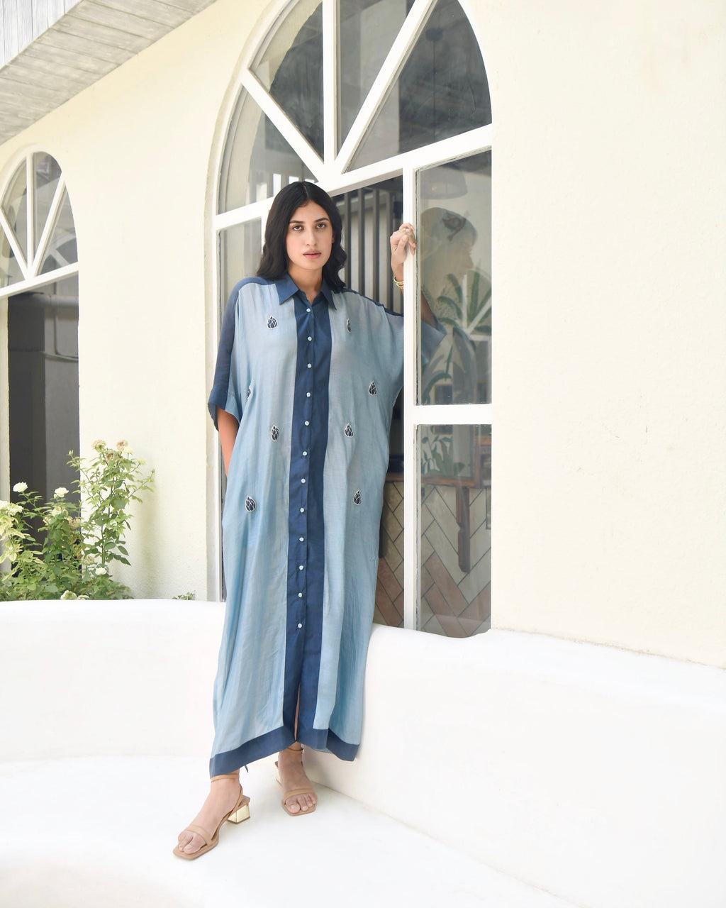Blue SIlk Embroidered Kaftan by Taro with Blue, Dusk To Dawn by Taro, Evening Wear, July Sale, July Sale 2023, Kaftans, Maxi Dresses, Modal silk, Natural, Regular Fit, Silk, Womenswear at Kamakhyaa for sustainable fashion