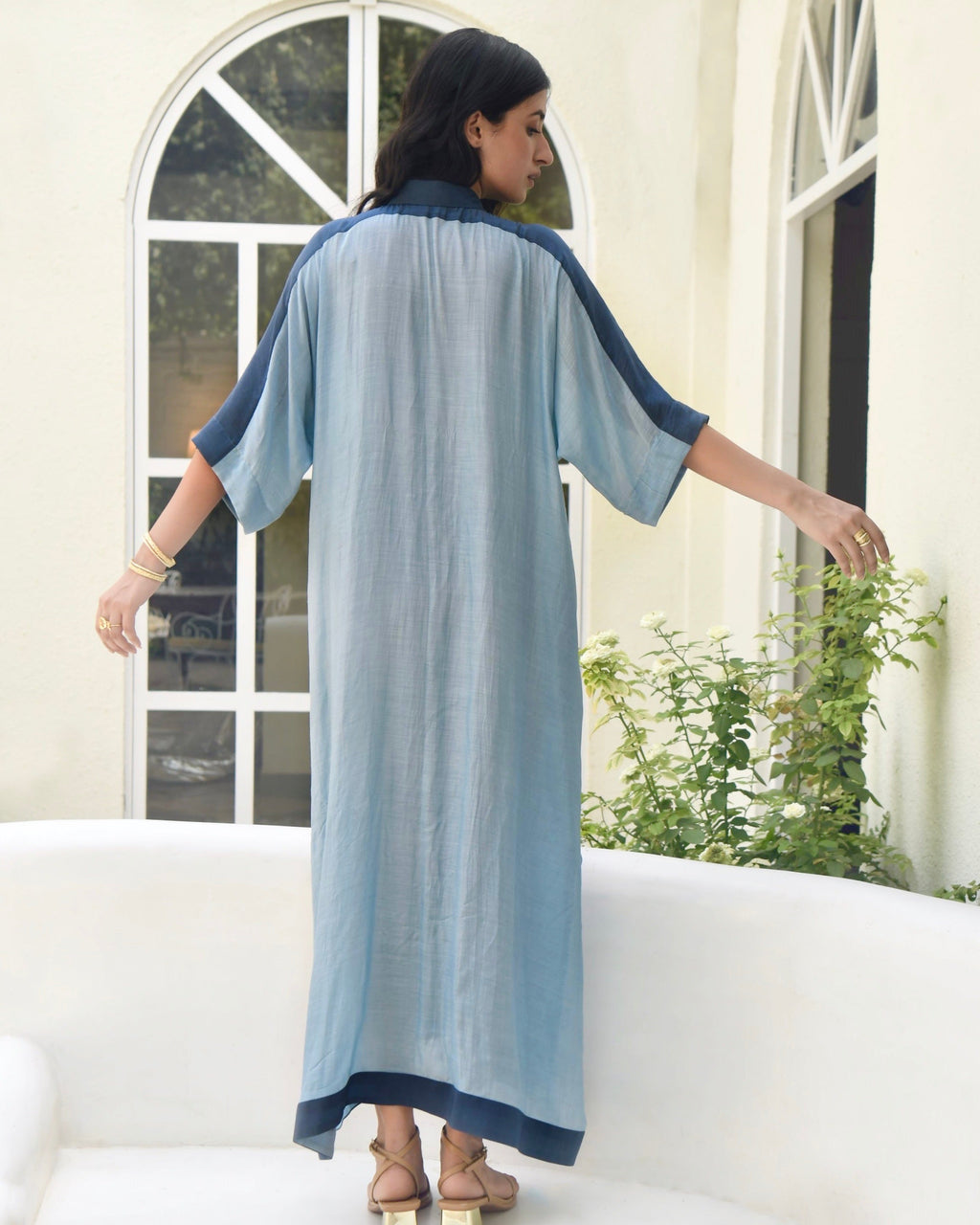 Blue SIlk Embroidered Kaftan by Taro with Blue, Dusk To Dawn by Taro, Evening Wear, July Sale, July Sale 2023, Kaftans, Maxi Dresses, Modal silk, Natural, Regular Fit, Silk, Womenswear at Kamakhyaa for sustainable fashion