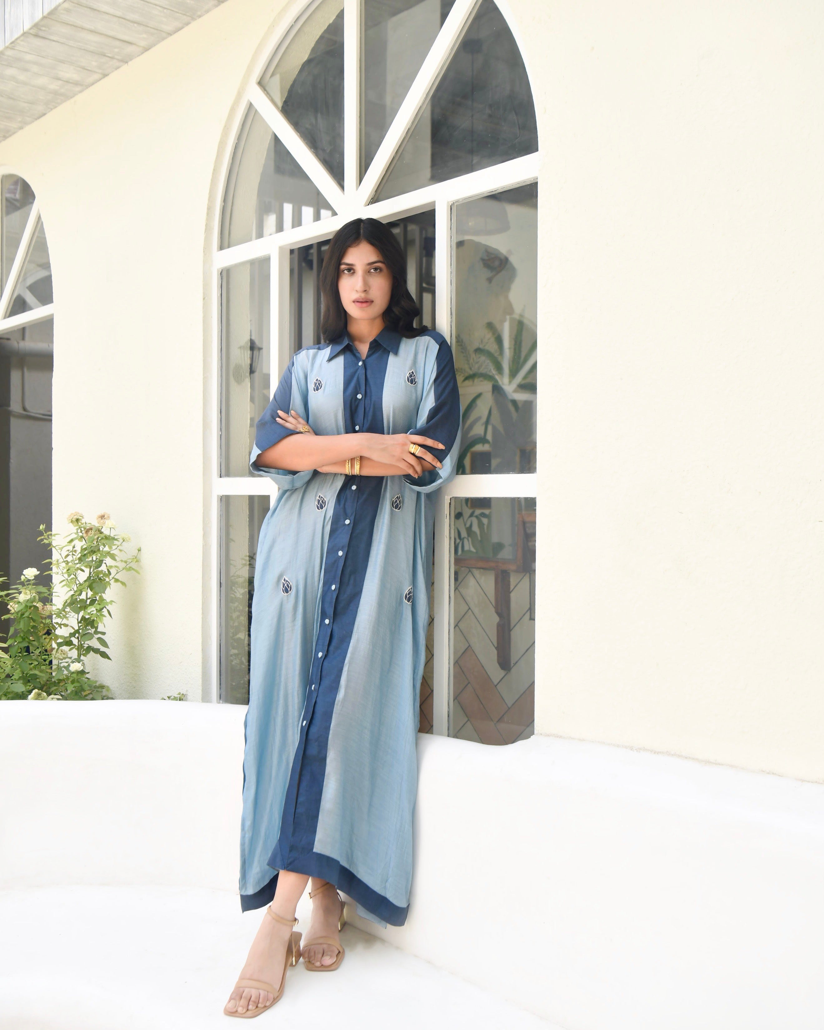 Blue SIlk Embroidered Kaftan by Taro with Blue, Dusk To Dawn by Taro, Evening Wear, July Sale, July Sale 2023, Kaftans, Maxi Dresses, Modal silk, Natural, Regular Fit, Silk, Womenswear at Kamakhyaa for sustainable fashion
