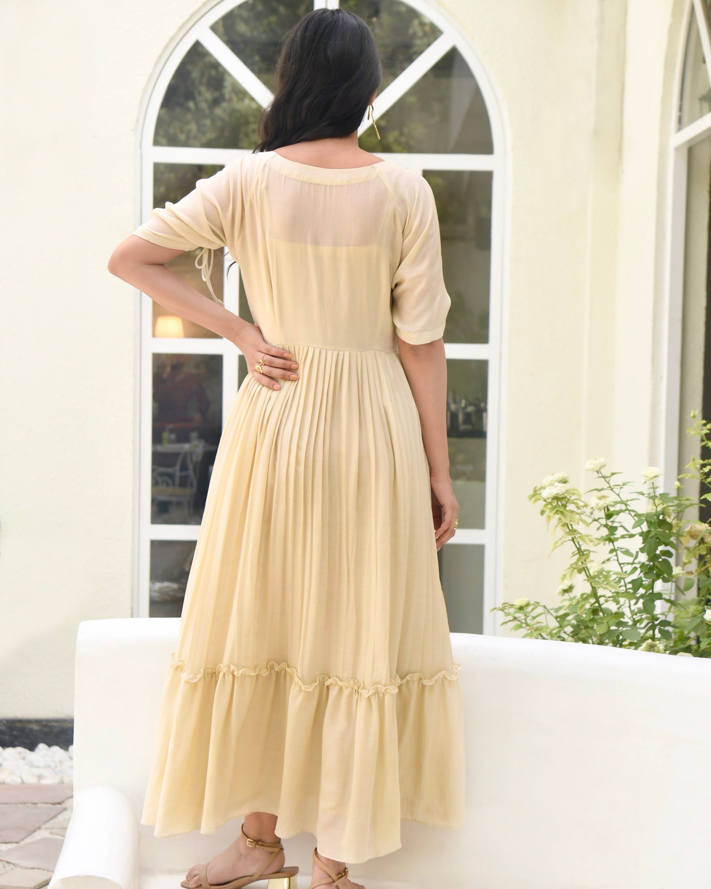 Brown Embroidered Silk Maxi Dress by Taro with Bangalore Silk, Best Selling, Dusk To Dawn by Taro, Evening Wear, FB ADS JUNE, For Anniversary, July Sale, July Sale 2023, Maxi Dresses, Natural, Regular Fit, Silk, Tiered Dresses, Womenswear, Yellow at Kamakhyaa for sustainable fashion
