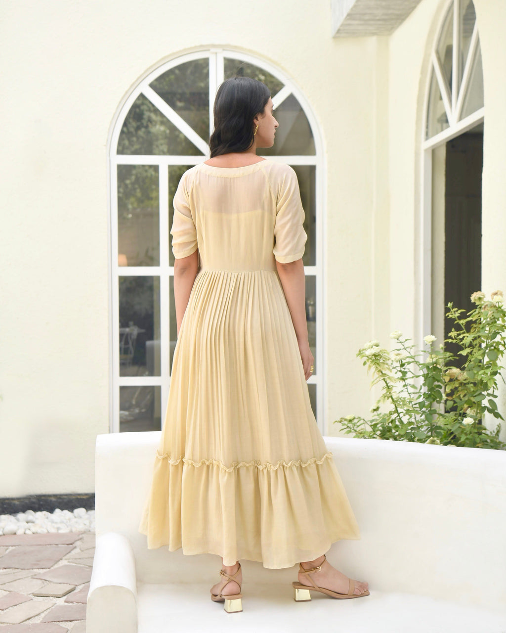 Brown Embroidered Silk Maxi Dress by Taro with Bangalore Silk, Best Selling, Dusk To Dawn by Taro, Evening Wear, FB ADS JUNE, For Anniversary, July Sale, July Sale 2023, Maxi Dresses, Natural, Regular Fit, Silk, Tiered Dresses, Womenswear, Yellow at Kamakhyaa for sustainable fashion