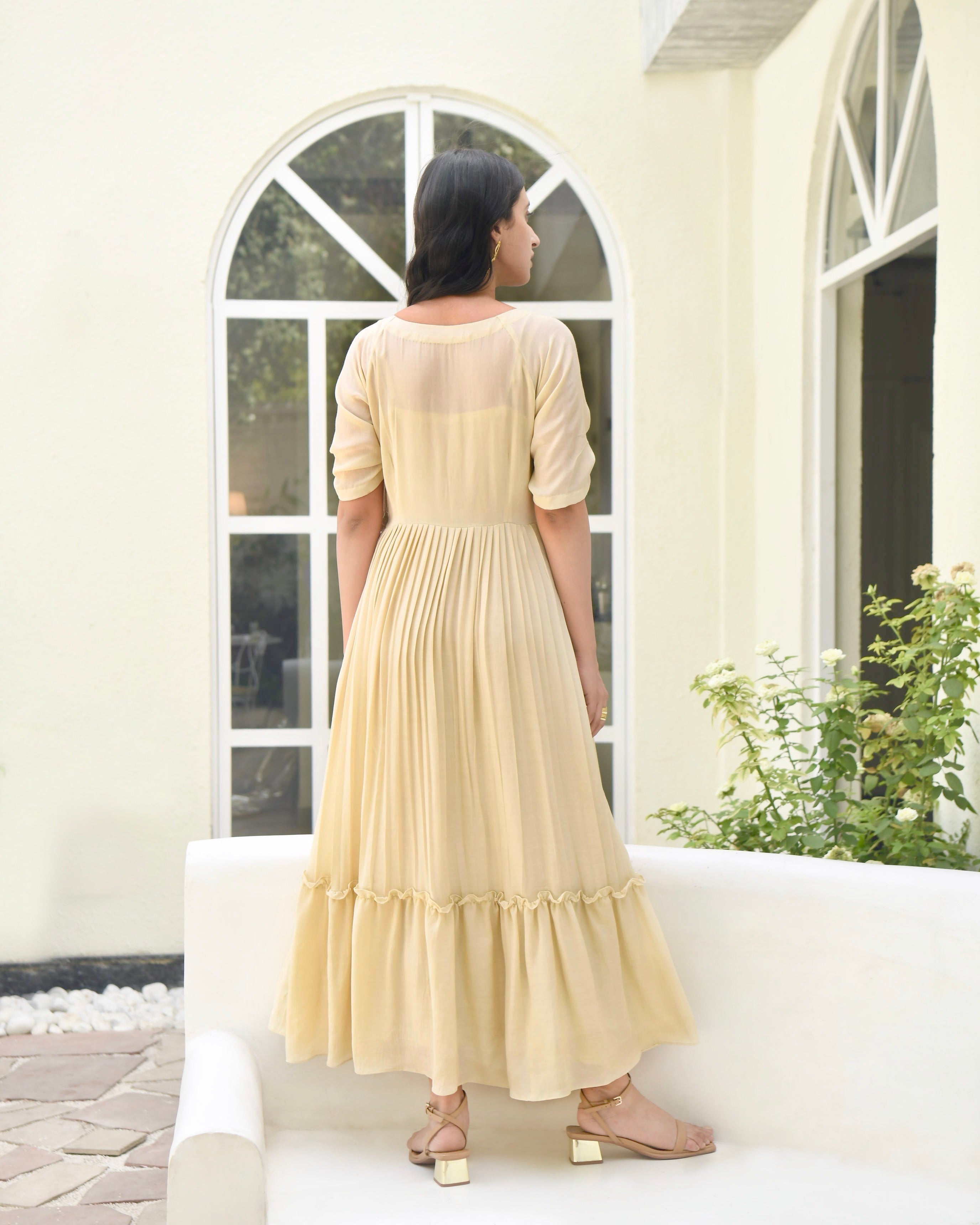 Brown Embroidered Silk Maxi Dress by Taro with Bangalore Silk, Best Selling, Dusk To Dawn by Taro, Evening Wear, FB ADS JUNE, For Anniversary, July Sale, July Sale 2023, Maxi Dresses, Natural, Regular Fit, Silk, Tiered Dresses, Womenswear, Yellow at Kamakhyaa for sustainable fashion