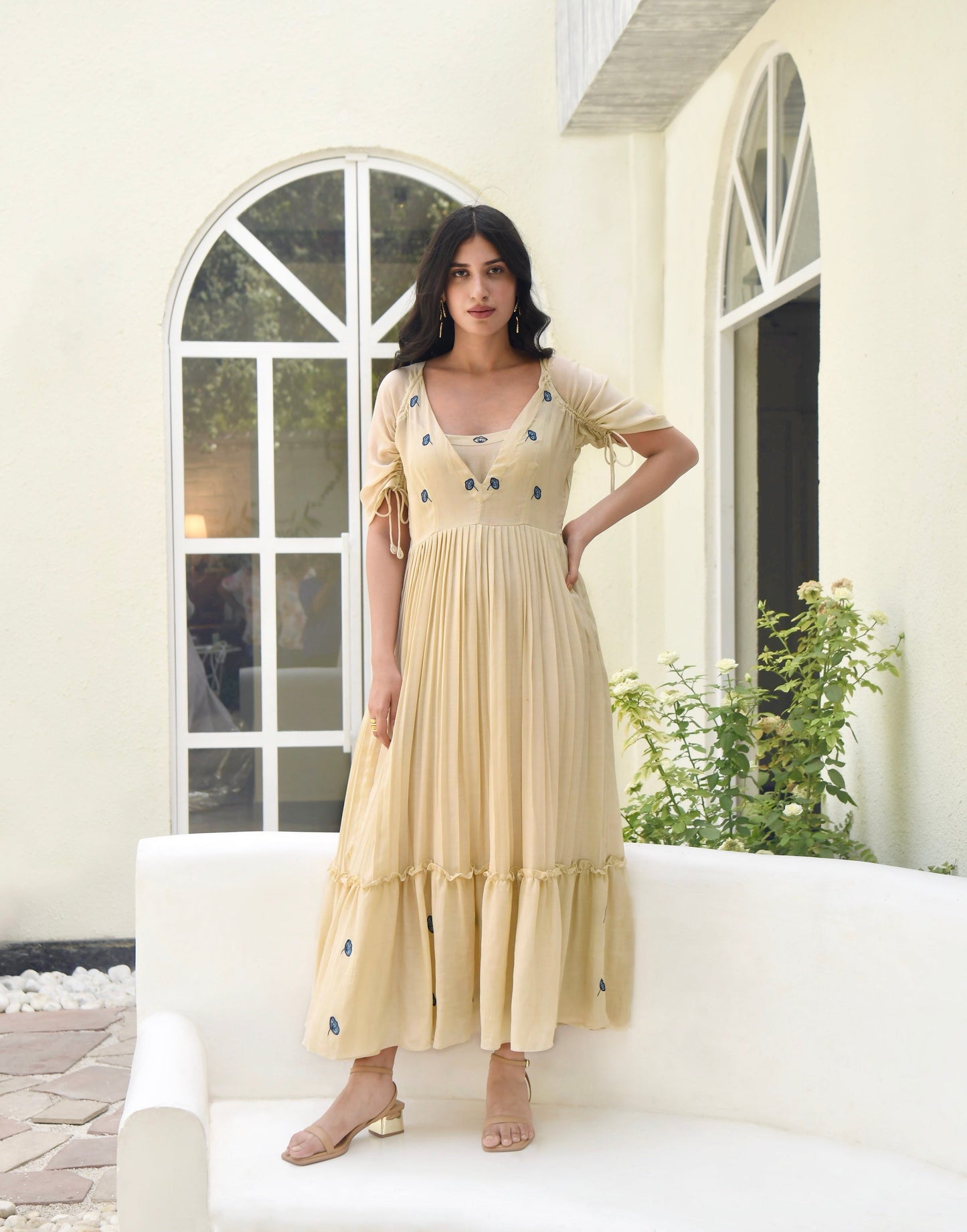 Brown Embroidered Silk Maxi Dress by Taro with Bangalore Silk, Best Selling, Dusk To Dawn by Taro, Evening Wear, FB ADS JUNE, For Anniversary, July Sale, July Sale 2023, Maxi Dresses, Natural, Regular Fit, Silk, Tiered Dresses, Womenswear, Yellow at Kamakhyaa for sustainable fashion
