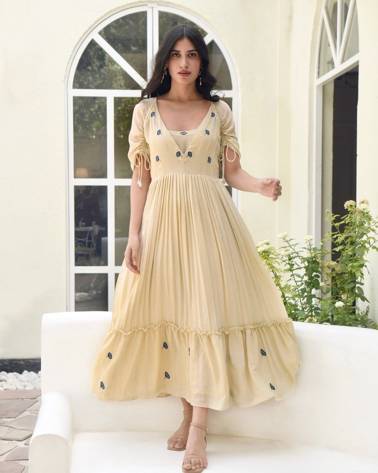 Brown Embroidered Silk Maxi Dress by Taro with Bangalore Silk, Best Selling, Dusk To Dawn by Taro, Evening Wear, FB ADS JUNE, For Anniversary, July Sale, July Sale 2023, Maxi Dresses, Natural, Regular Fit, Silk, Tiered Dresses, Womenswear, Yellow at Kamakhyaa for sustainable fashion
