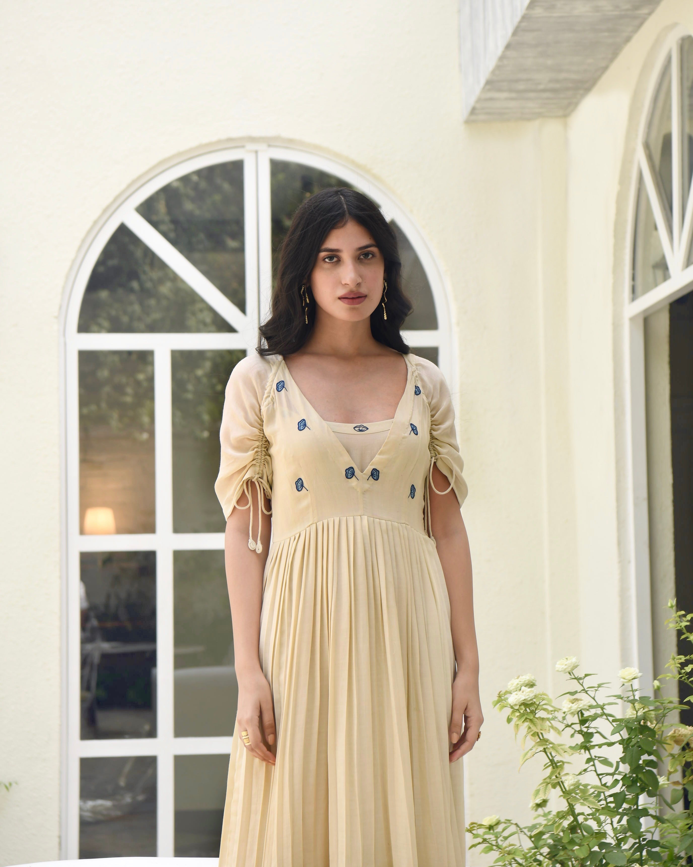 Brown Embroidered Silk Maxi Dress by Taro with Bangalore Silk, Best Selling, Dusk To Dawn by Taro, Evening Wear, FB ADS JUNE, For Anniversary, July Sale, July Sale 2023, Maxi Dresses, Natural, Regular Fit, Silk, Tiered Dresses, Womenswear, Yellow at Kamakhyaa for sustainable fashion
