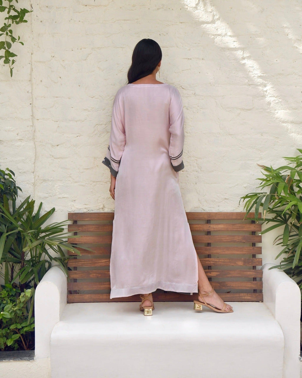 Pink Embroidered Silk Kaftan by Taro with Dusk To Dawn by Taro, Embroidered, Evening Wear, July Sale, July Sale 2023, Kaftans, Maxi Dresses, Natural, Pink, Silk, Womenswear at Kamakhyaa for sustainable fashion
