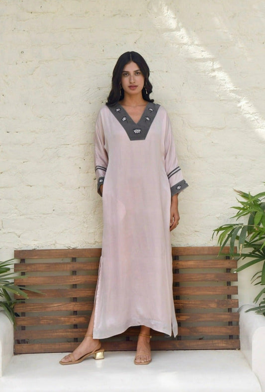 Pink Embroidered Silk Kaftan by Taro with Dusk To Dawn by Taro, Embroidered, Evening Wear, July Sale, July Sale 2023, Kaftans, Maxi Dresses, Natural, Pink, Silk, Womenswear at Kamakhyaa for sustainable fashion