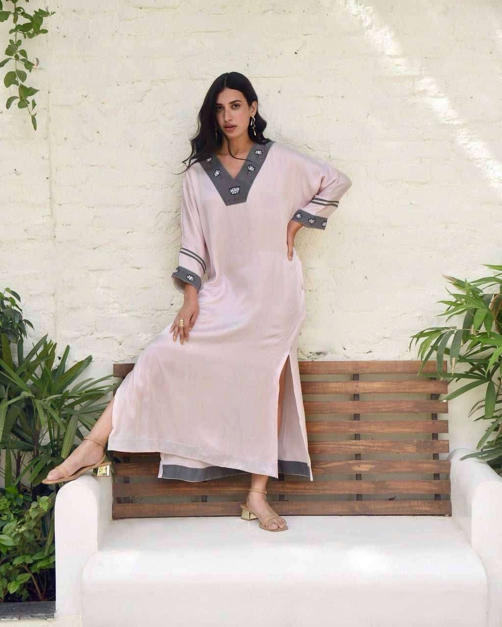 Pink Embroidered Silk Kaftan by Taro with Dusk To Dawn by Taro, Embroidered, Evening Wear, July Sale, July Sale 2023, Kaftans, Maxi Dresses, Natural, Pink, Silk, Womenswear at Kamakhyaa for sustainable fashion