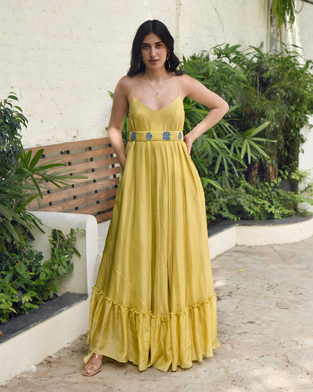 Yellow Embroidered Silk Maxi Dress by Taro with Best Selling, Dusk To Dawn by Taro, Embroidered, Evening Wear, FB ADS JUNE, July Sale, July Sale 2023, Maxi Dresses, Modal silk, Natural, Regular Fit, Silk, Sleeveless Dresses, Womenswear, Yellow at Kamakhyaa for sustainable fashion