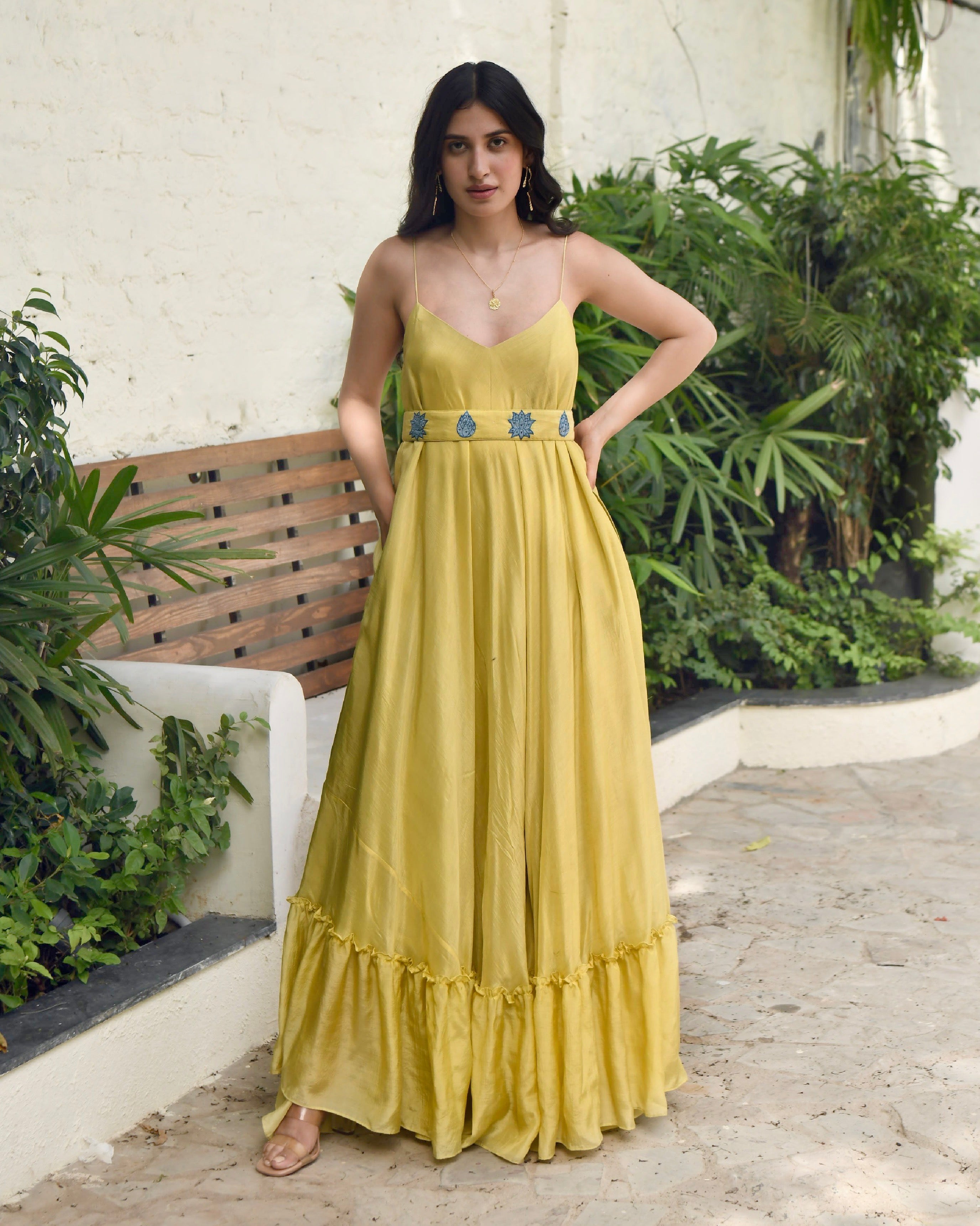 Yellow Embroidered Silk Maxi Dress by Taro with Best Selling, Dusk To Dawn by Taro, Embroidered, Evening Wear, FB ADS JUNE, July Sale, July Sale 2023, Maxi Dresses, Modal silk, Natural, Regular Fit, Silk, Sleeveless Dresses, Womenswear, Yellow at Kamakhyaa for sustainable fashion