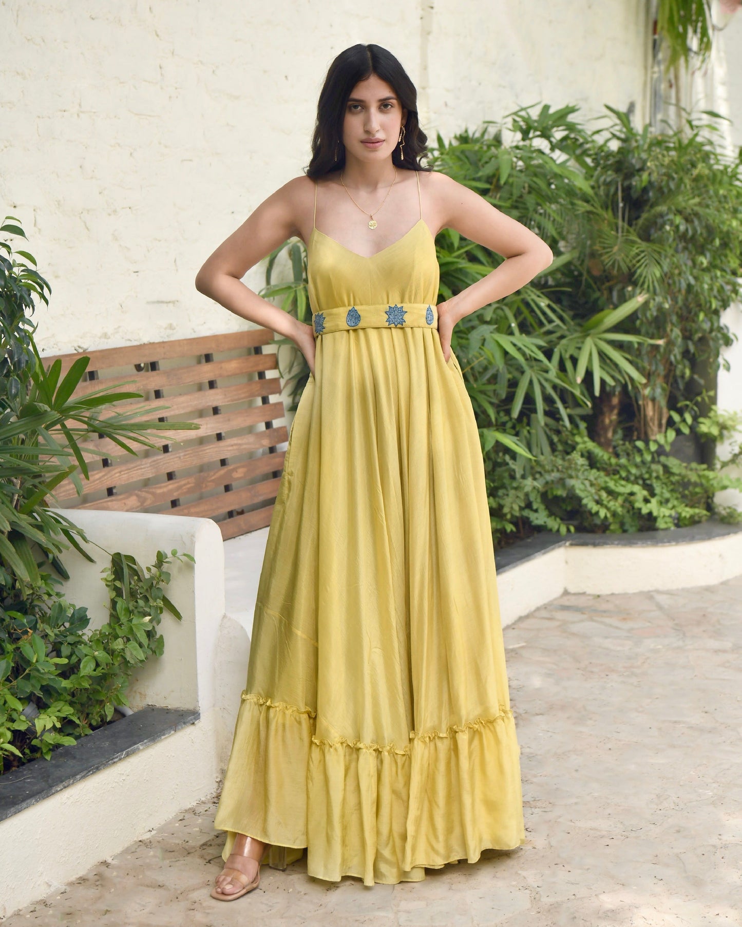 Yellow Embroidered Silk Maxi Dress by Taro with Best Selling, Dusk To Dawn by Taro, Embroidered, Evening Wear, FB ADS JUNE, July Sale, July Sale 2023, Maxi Dresses, Modal silk, Natural, Regular Fit, Silk, Sleeveless Dresses, Womenswear, Yellow at Kamakhyaa for sustainable fashion