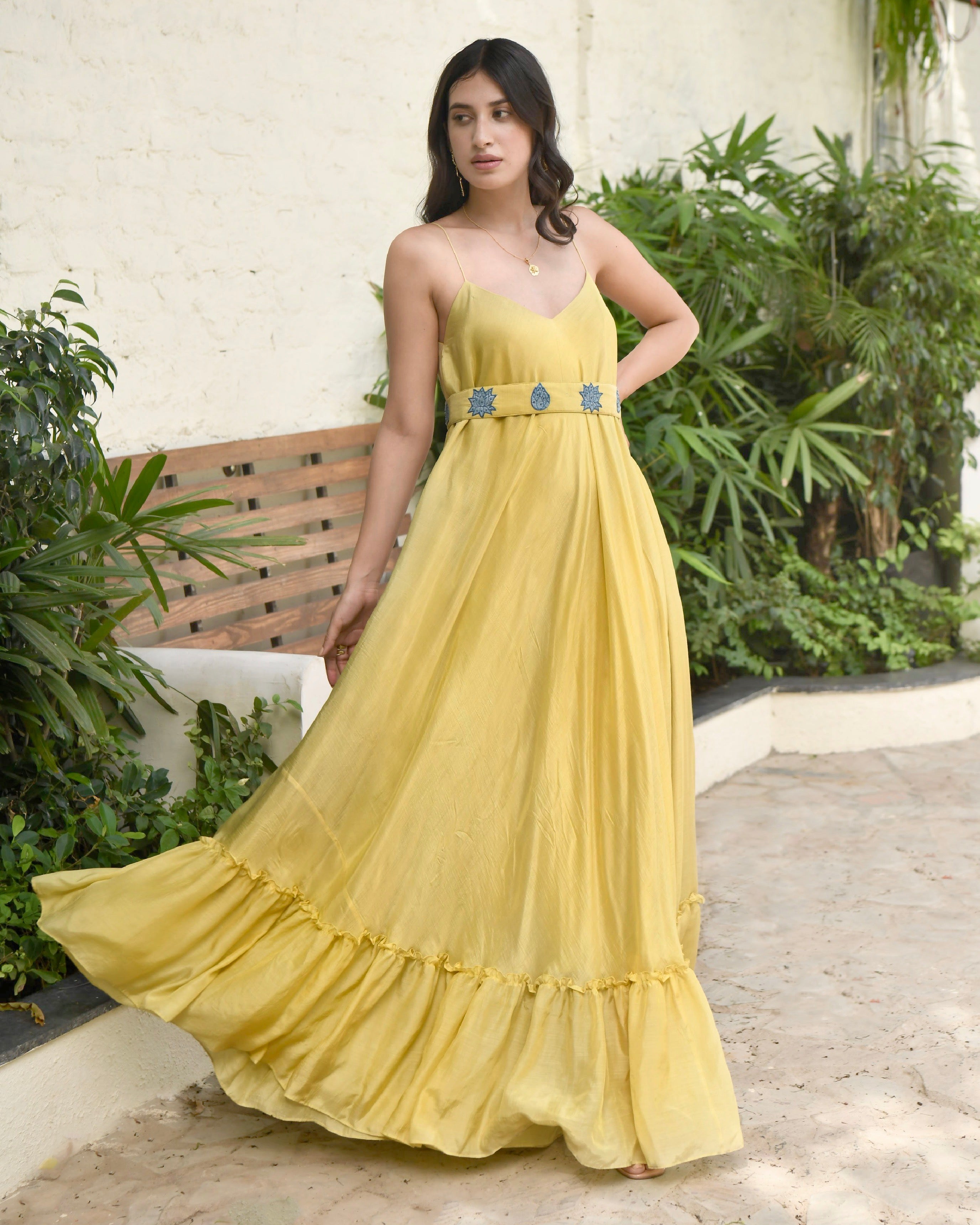 Yellow Embroidered Silk Maxi Dress by Taro with Best Selling, Dusk To Dawn by Taro, Embroidered, Evening Wear, FB ADS JUNE, July Sale, July Sale 2023, Maxi Dresses, Modal silk, Natural, Regular Fit, Silk, Sleeveless Dresses, Womenswear, Yellow at Kamakhyaa for sustainable fashion