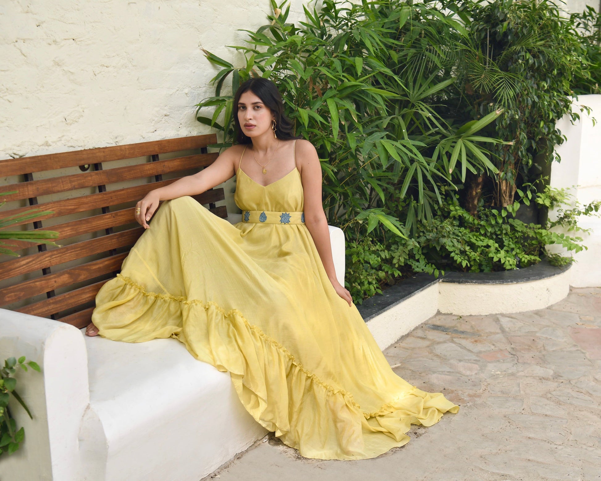 Yellow Embroidered Silk Maxi Dress by Taro with Best Selling, Dusk To Dawn by Taro, Embroidered, Evening Wear, FB ADS JUNE, July Sale, July Sale 2023, Maxi Dresses, Modal silk, Natural, Regular Fit, Silk, Sleeveless Dresses, Womenswear, Yellow at Kamakhyaa for sustainable fashion