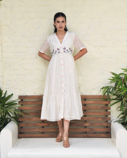 White Embroidered Silk Maxi Dress by Taro with Best Selling, Dusk To Dawn by Taro, Embroidered, Evening Wear, FB ADS JUNE, July Sale, July Sale 2023, Midi Dresses, Modal silk, Natural, Regular Fit, Shirt Dresses, Silk, White, Womenswear at Kamakhyaa for sustainable fashion