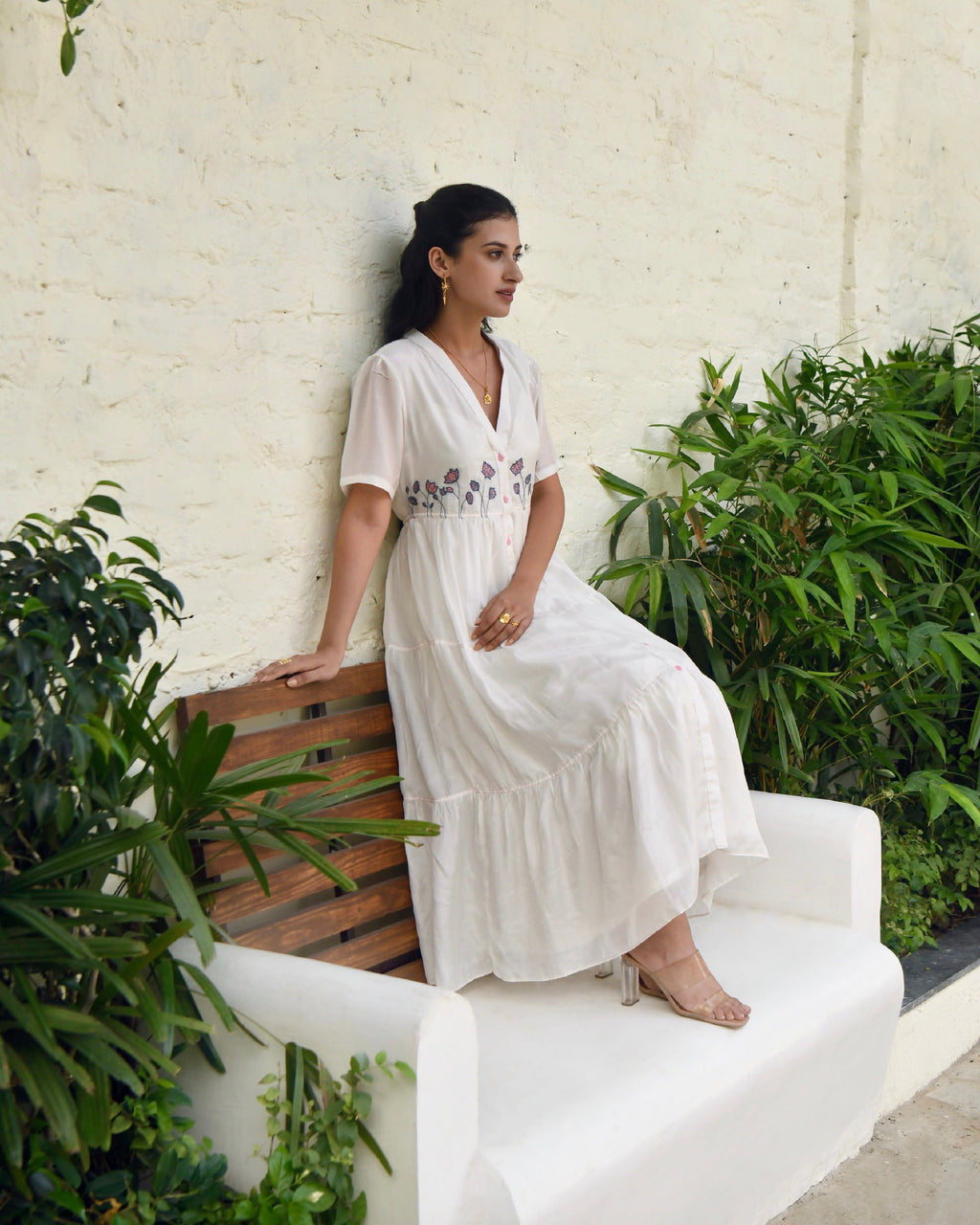 White Embroidered Silk Maxi Dress by Taro with Best Selling, Dusk To Dawn by Taro, Embroidered, Evening Wear, FB ADS JUNE, July Sale, July Sale 2023, Midi Dresses, Modal silk, Natural, Regular Fit, Shirt Dresses, Silk, White, Womenswear at Kamakhyaa for sustainable fashion