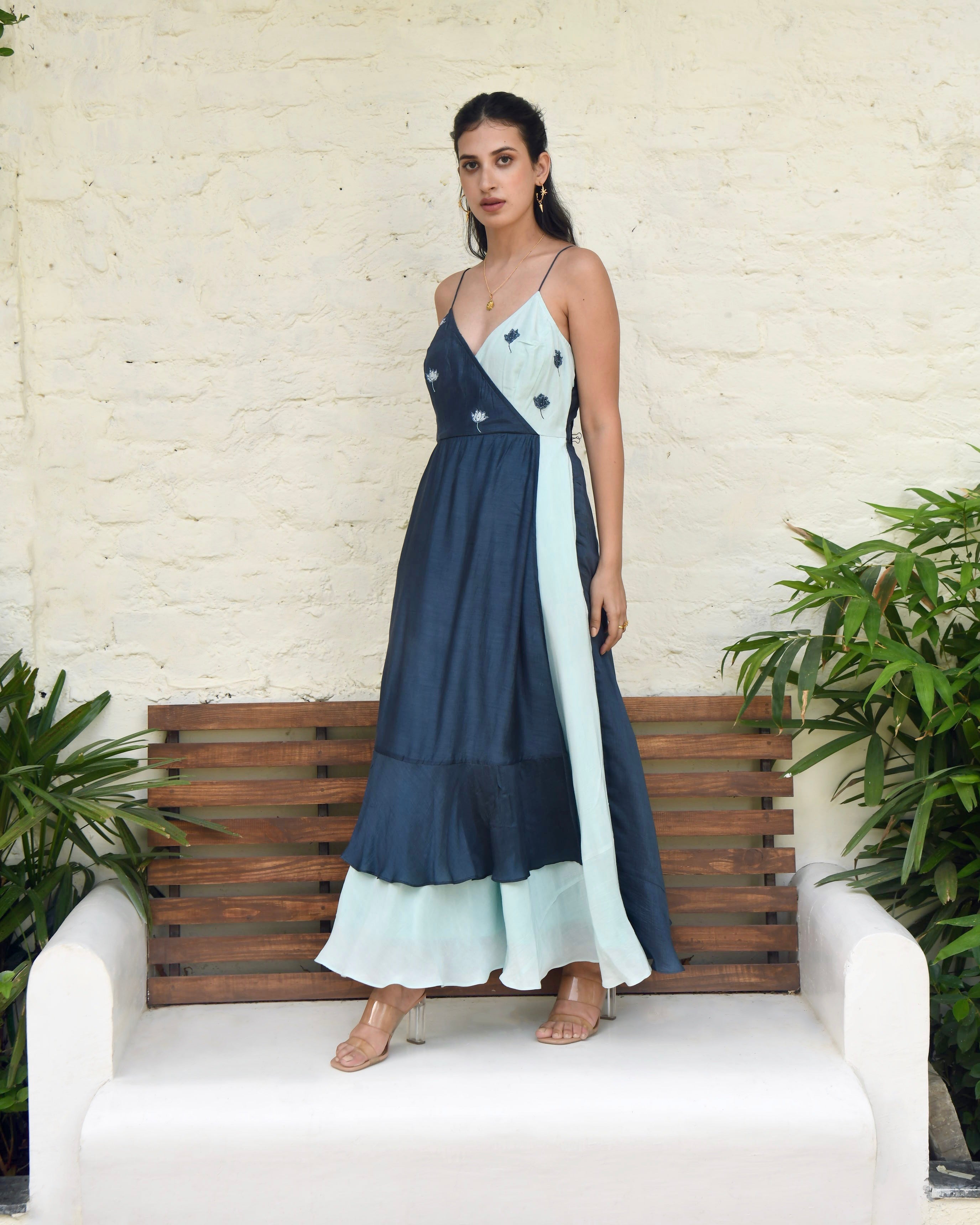 Blue SIlk Embroidered Dress by Taro with Best Selling, Blue, Dusk To Dawn by Taro, Embroidered, Evening Wear, FB ADS JUNE, For Daughter, July Sale, July Sale 2023, Maxi Dresses, Modal silk, Natural, Regular Fit, Silk, Sleeveless Dresses, Womenswear at Kamakhyaa for sustainable fashion
