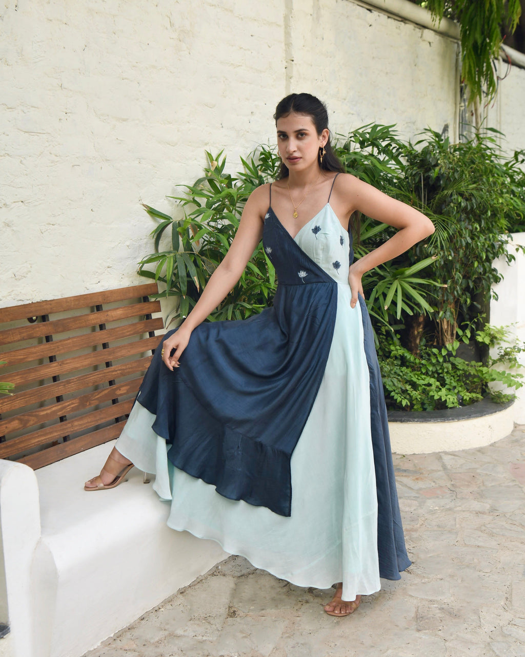 Blue SIlk Embroidered Dress by Taro with Best Selling, Blue, Dusk To Dawn by Taro, Embroidered, Evening Wear, FB ADS JUNE, For Daughter, July Sale, July Sale 2023, Maxi Dresses, Modal silk, Natural, Regular Fit, Silk, Sleeveless Dresses, Womenswear at Kamakhyaa for sustainable fashion