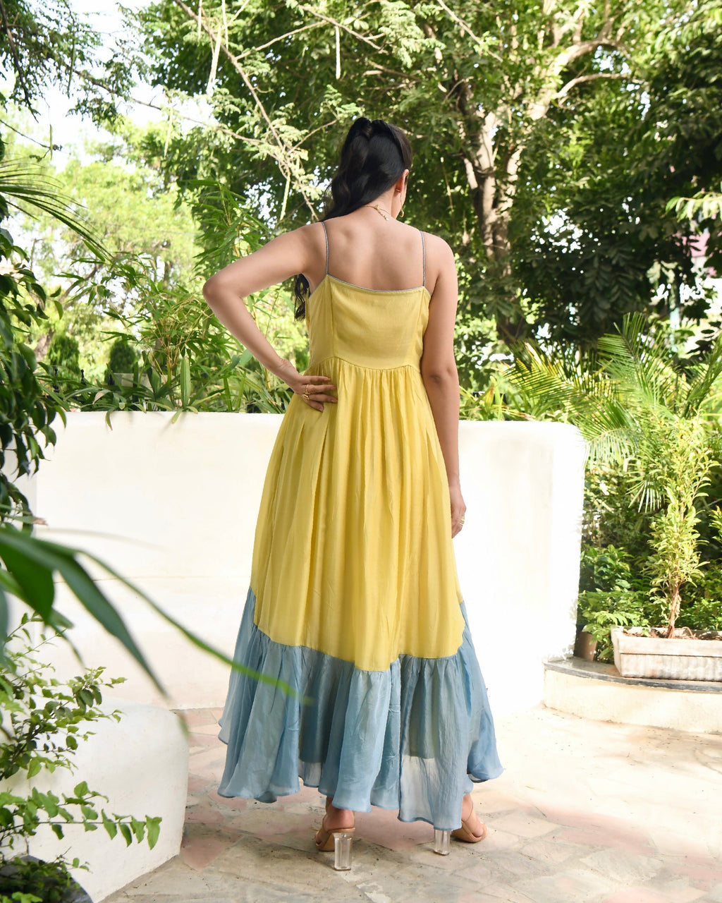 Yellow Embroidered Silk Maxi Dress by Taro with Blue, Dusk To Dawn by Taro, Embroidered, Evening Wear, July Sale, July Sale 2023, Maxi Dresses, Modal silk, Natural, Regular Fit, Silk, Sleeveless Dresses, Womenswear at Kamakhyaa for sustainable fashion