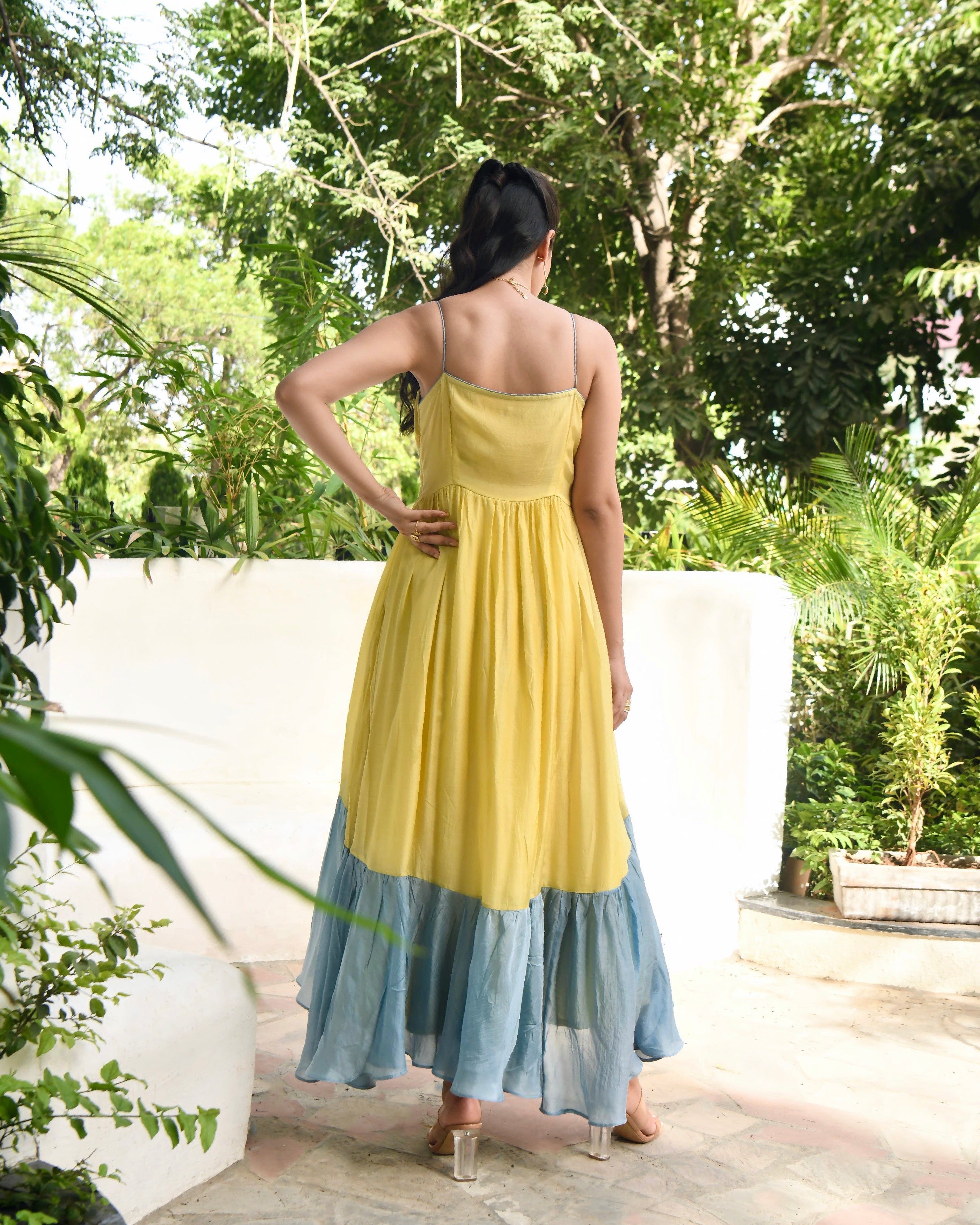 Yellow Embroidered Silk Maxi Dress by Taro with Blue, Dusk To Dawn by Taro, Embroidered, Evening Wear, July Sale, July Sale 2023, Maxi Dresses, Modal silk, Natural, Regular Fit, Silk, Sleeveless Dresses, Womenswear at Kamakhyaa for sustainable fashion