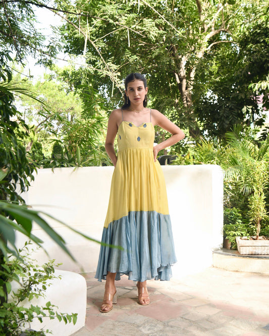 Yellow Embroidered Silk Maxi Dress by Taro with Blue, Dusk To Dawn by Taro, Embroidered, Evening Wear, July Sale, July Sale 2023, Maxi Dresses, Modal silk, Natural, Regular Fit, Silk, Sleeveless Dresses, Womenswear at Kamakhyaa for sustainable fashion