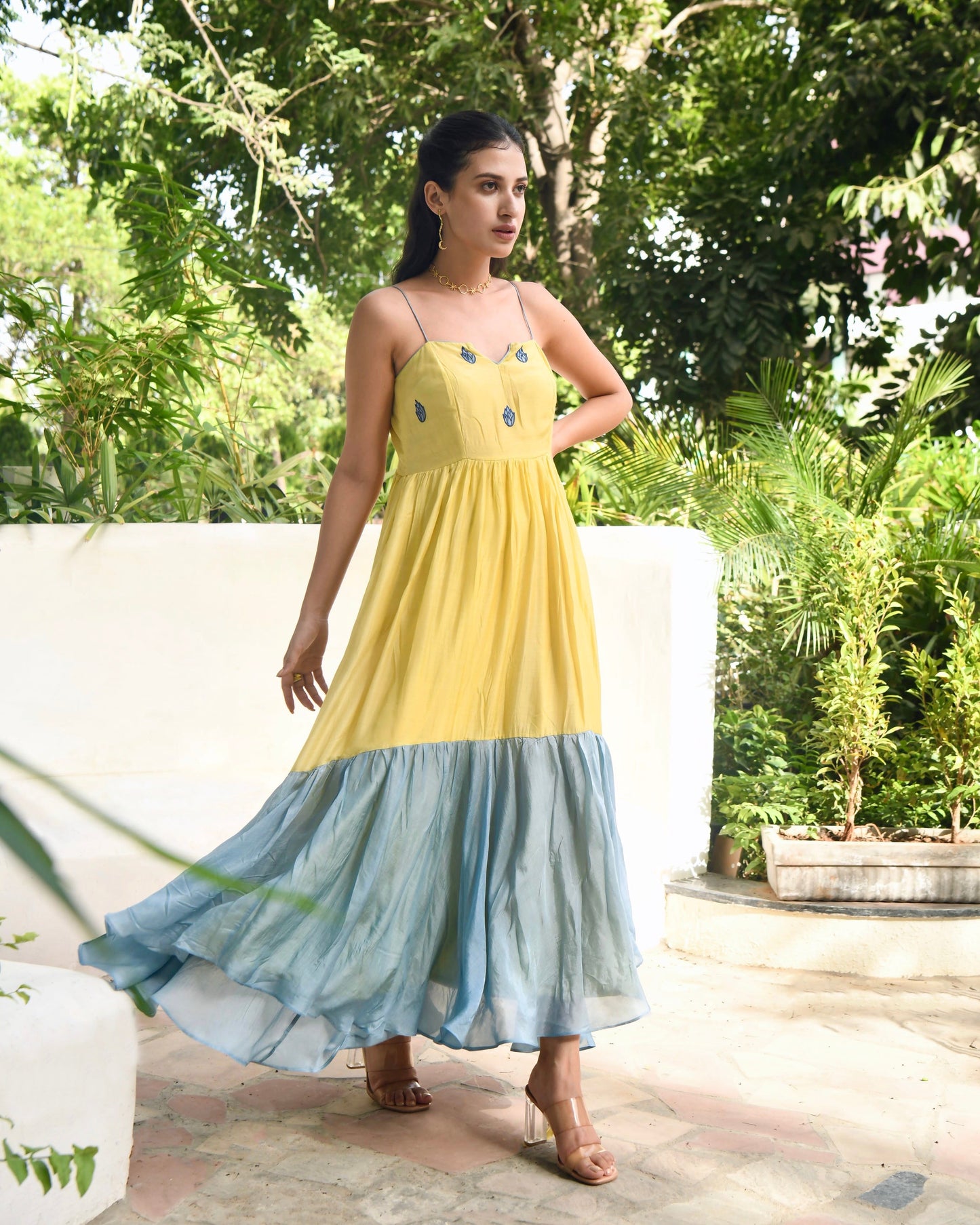 Yellow Embroidered Silk Maxi Dress by Taro with Blue, Dusk To Dawn by Taro, Embroidered, Evening Wear, July Sale, July Sale 2023, Maxi Dresses, Modal silk, Natural, Regular Fit, Silk, Sleeveless Dresses, Womenswear at Kamakhyaa for sustainable fashion