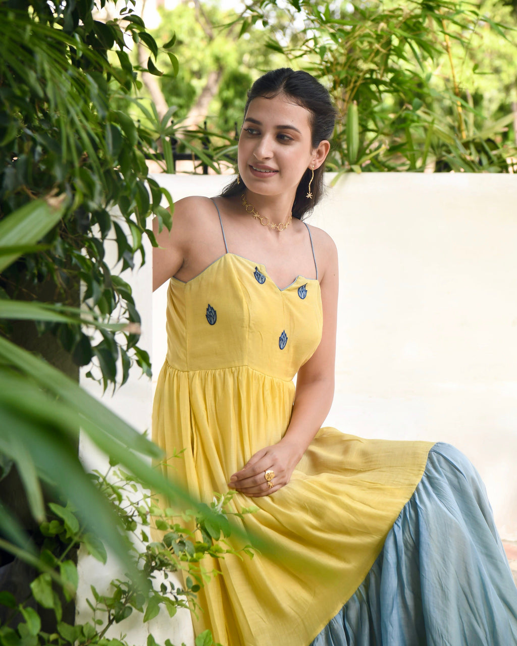 Yellow Embroidered Silk Maxi Dress by Taro with Blue, Dusk To Dawn by Taro, Embroidered, Evening Wear, July Sale, July Sale 2023, Maxi Dresses, Modal silk, Natural, Regular Fit, Silk, Sleeveless Dresses, Womenswear at Kamakhyaa for sustainable fashion