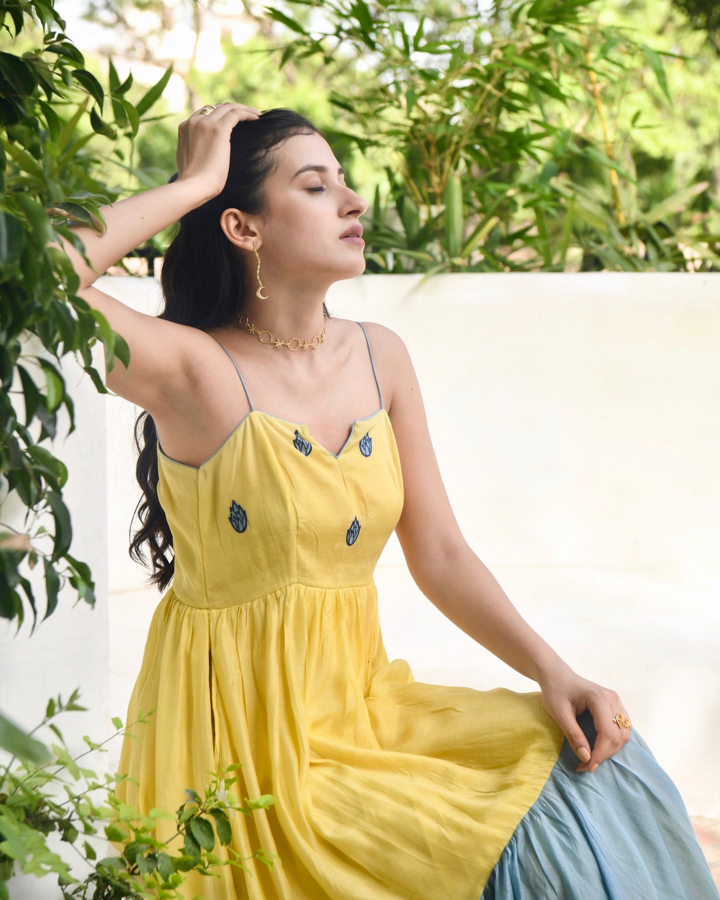 Yellow Embroidered Silk Maxi Dress by Taro with Blue, Dusk To Dawn by Taro, Embroidered, Evening Wear, July Sale, July Sale 2023, Maxi Dresses, Modal silk, Natural, Regular Fit, Silk, Sleeveless Dresses, Womenswear at Kamakhyaa for sustainable fashion