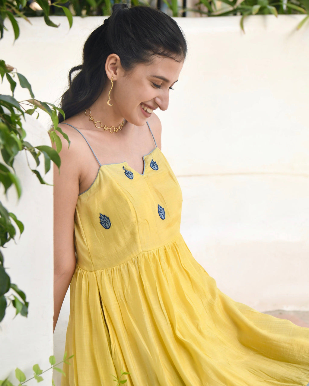 Yellow Embroidered Silk Maxi Dress by Taro with Blue, Dusk To Dawn by Taro, Embroidered, Evening Wear, July Sale, July Sale 2023, Maxi Dresses, Modal silk, Natural, Regular Fit, Silk, Sleeveless Dresses, Womenswear at Kamakhyaa for sustainable fashion