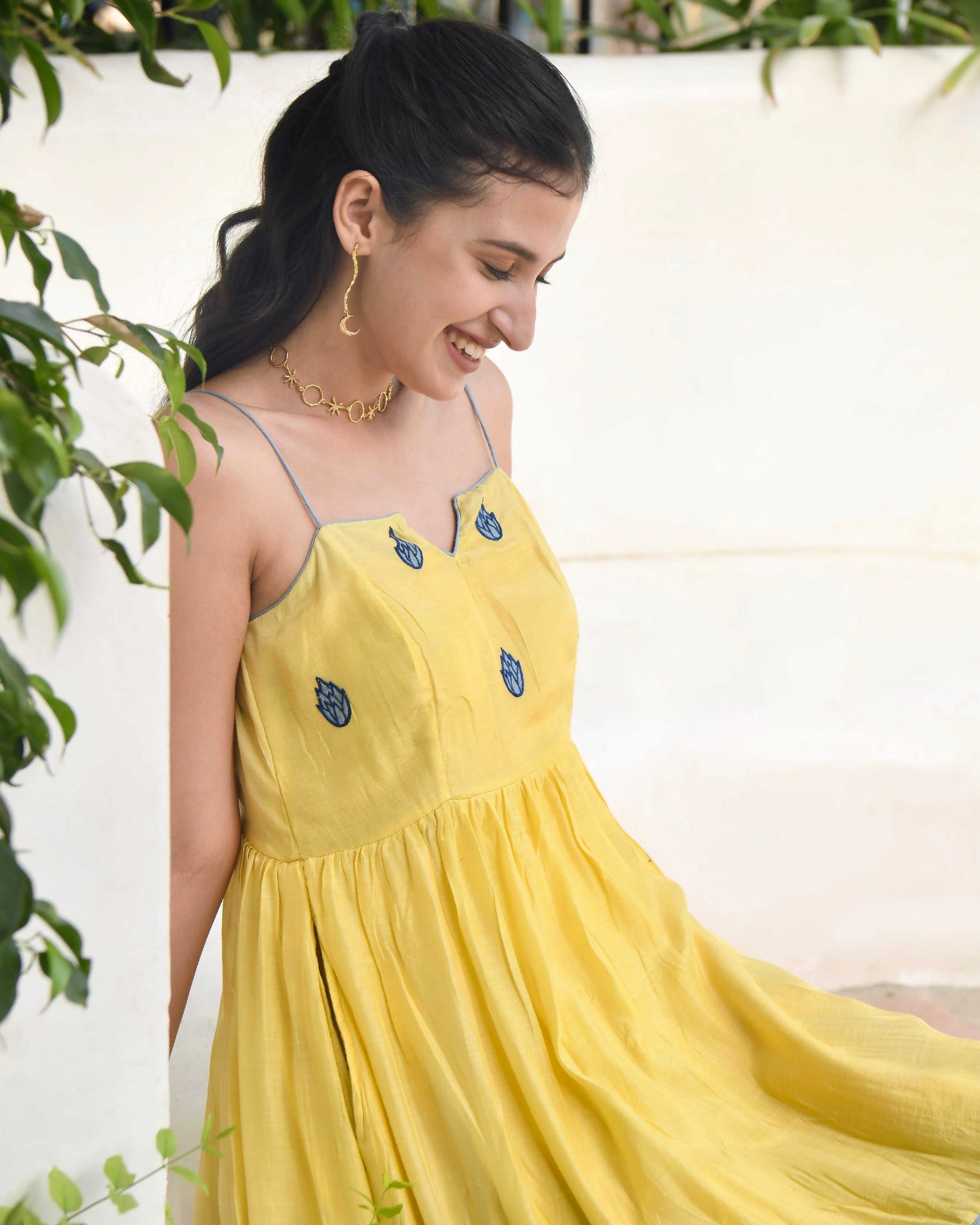 Yellow Embroidered Silk Maxi Dress by Taro with Blue, Dusk To Dawn by Taro, Embroidered, Evening Wear, July Sale, July Sale 2023, Maxi Dresses, Modal silk, Natural, Regular Fit, Silk, Sleeveless Dresses, Womenswear at Kamakhyaa for sustainable fashion